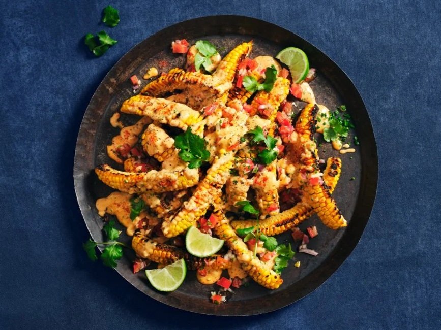 Charred corn ribs using oli and vine burger sauce in a spicy burger drizzle