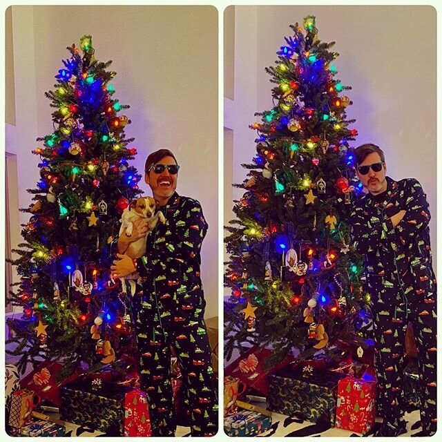 Christmas Eve jammies tradition! Pajama game strong! Next up  Christmas Vacation 🎥 🍿!
.
#christmaseve #christmasevejammies #pajamagame #christmas #pajamas #hebervalley #hebercity #christmaspuppy #dogsofinstagram #riskybusiness #instagay #stephenand