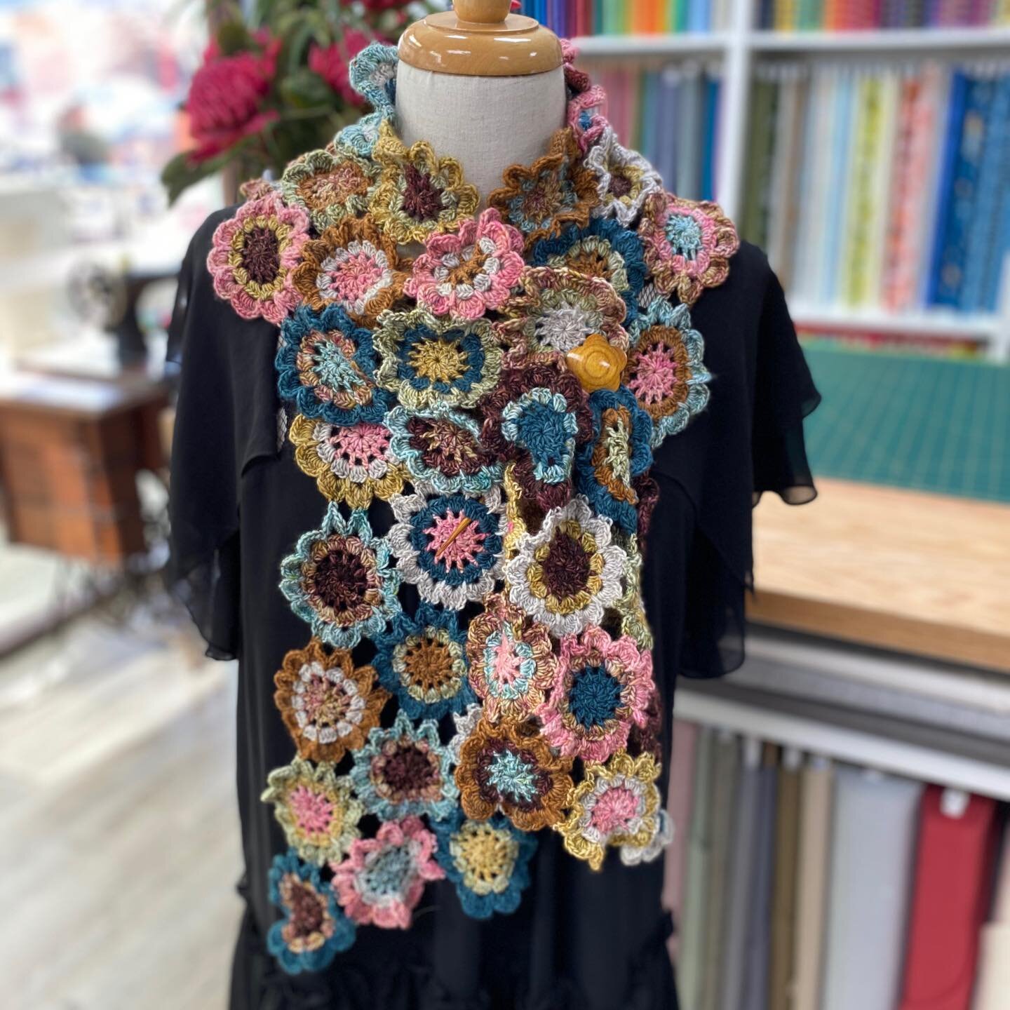 This pretty scarf using custom dyed yarns from @fishermansrib exclusive to Cotton Rose is now available as a kit. I am so happy to be able to offer you this unique kit.  The kit includes nine colours, three 10 x 8&rdquo; colour pictures and written i