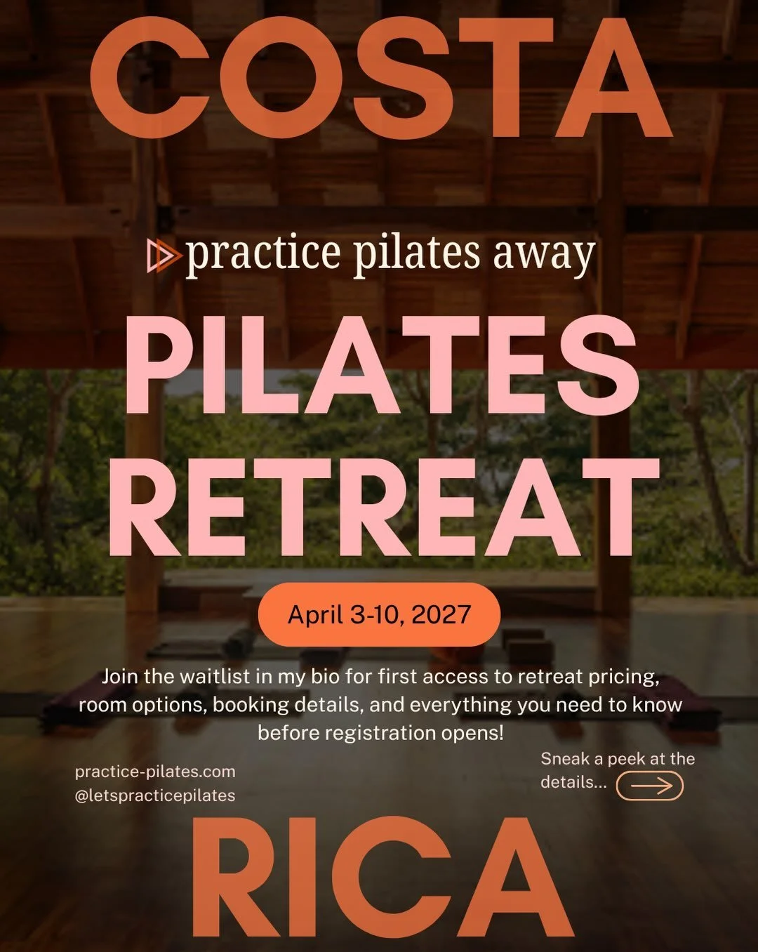 What if your Pilates practice took you somewhere new? 🌴

April 3&ndash;10, 2027, I&rsquo;m taking Practice Pilates Away to Costa Rica for a week of movement, adventure, connection, and plenty of time to simply enjoy being exactly where you are.

We&