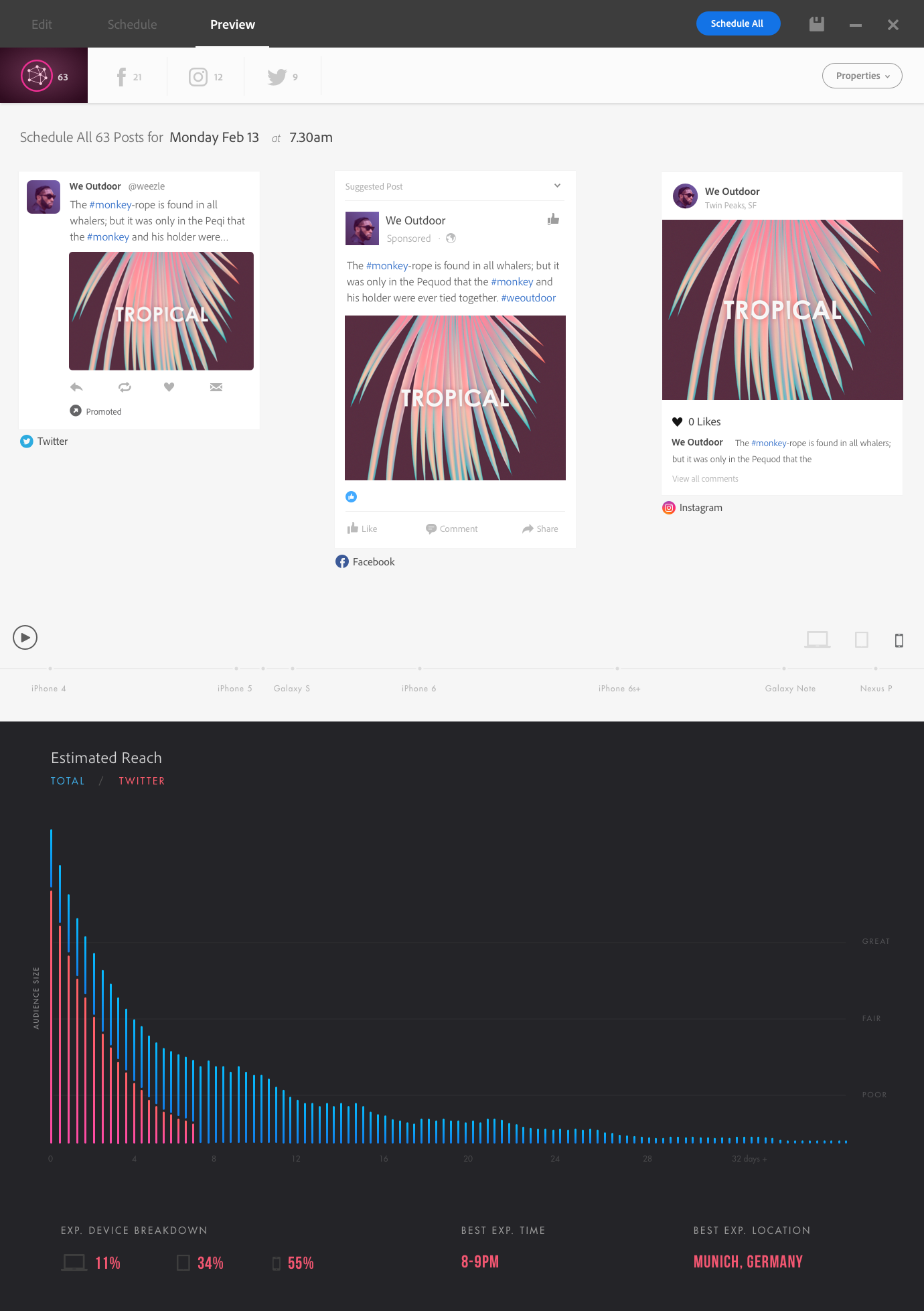 I proposed a preview page dedicated to visualizing only the post previews and time(s) scheduled, I also proposed adding a metrics section at the bottom where it would show expected performance if its yet to go out and actual performance if it had already been posted, but this was dropped due to the engineered required.