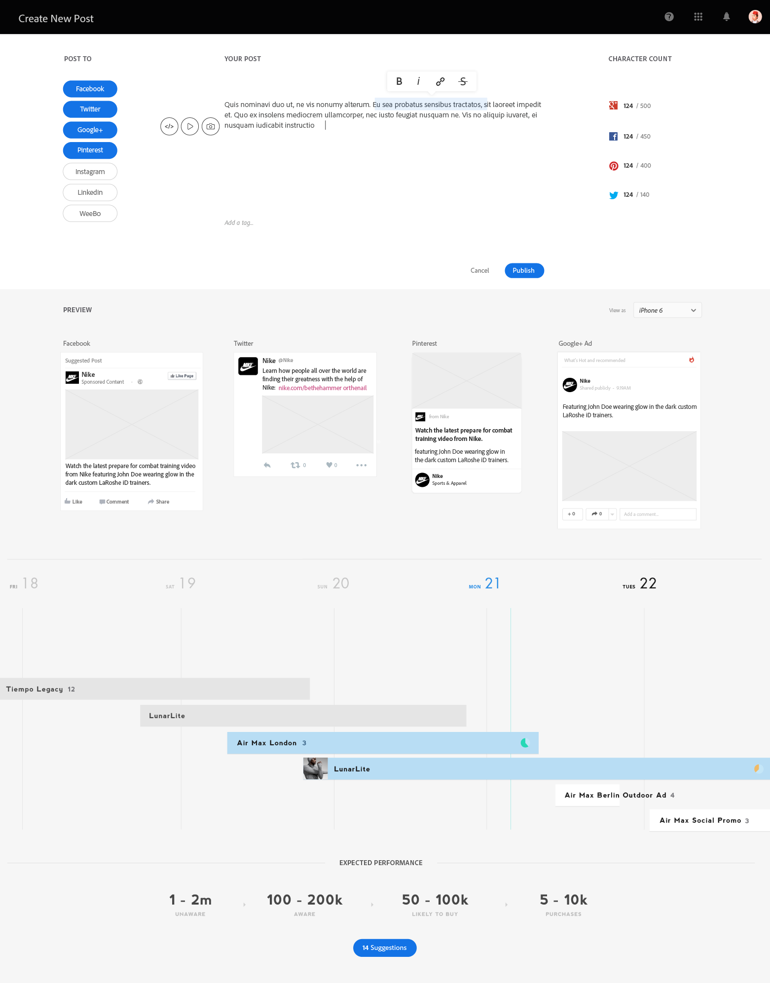 An early wireframe exploration for the activity composer, this did not work as we discovered users wanted the ability to publish to multiple accounts on the same network. I added the timeline elements of previous explorations so users could see what other activities would be going out at the same time.