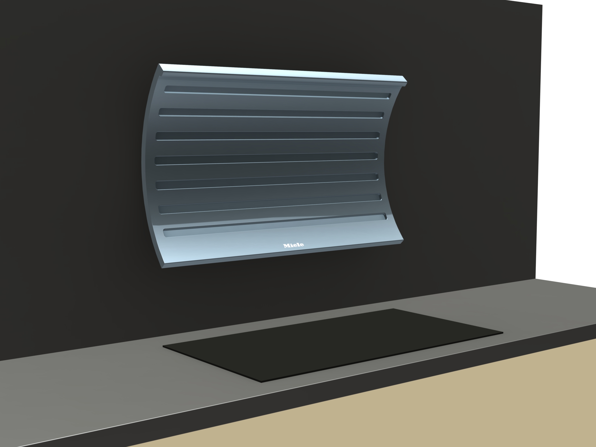 Render of a cooker hood that moves above the hob when turned on.