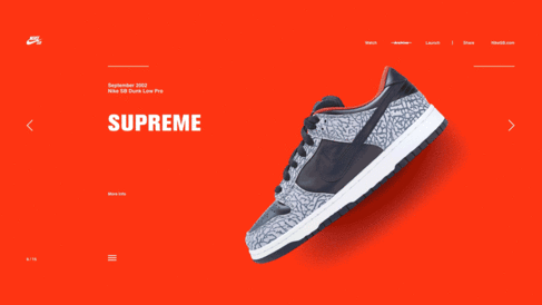 This is the Nike SB 15 Years Of Dunk microsite’s homepage carousel that shows the hero shots of each shoe with a bespoke transition animation between each slide.