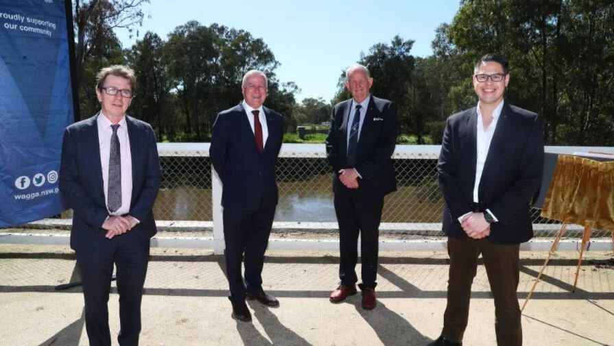 Member for Wagga Wagga, Dr Joe McGirr, MP, the Hon Michael McCormack, Member for the Riverina, Greg Conkey OAM, Mayor of the City of Wagga Wagga and Wes Fang, Wagga Wagga MLC at the Main City Levee opening. Photo: Emma Hillier