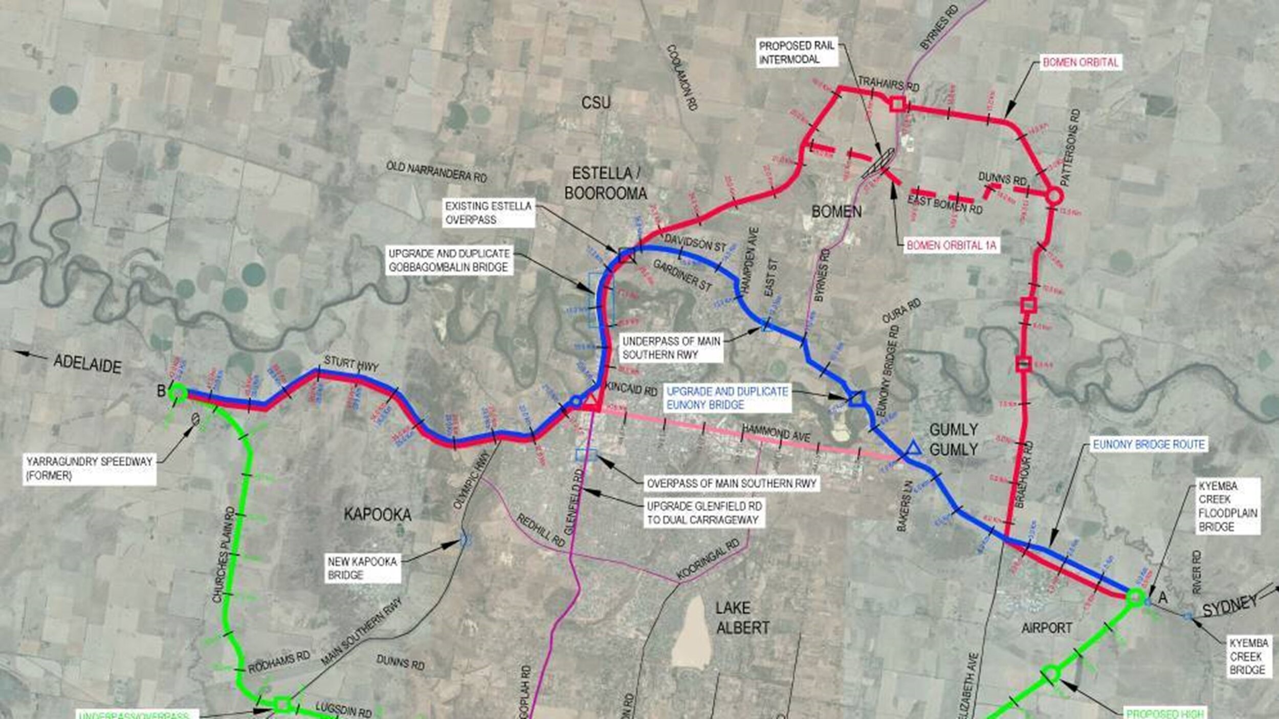 Wagga Wagga highway bypass options put forward in the Committee 4 Wagga's Master Transport Plan in 2015.