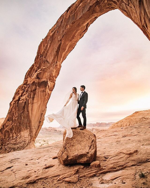 When Coronavirus sabotaged their big east coast wedding, Danielle and Andrew opted for what they secretly wanted anyway: a stress free elopement in Moab, UT (where they had planned to honeymoon). When they found CORONA arch, they were like, &ldquo;it