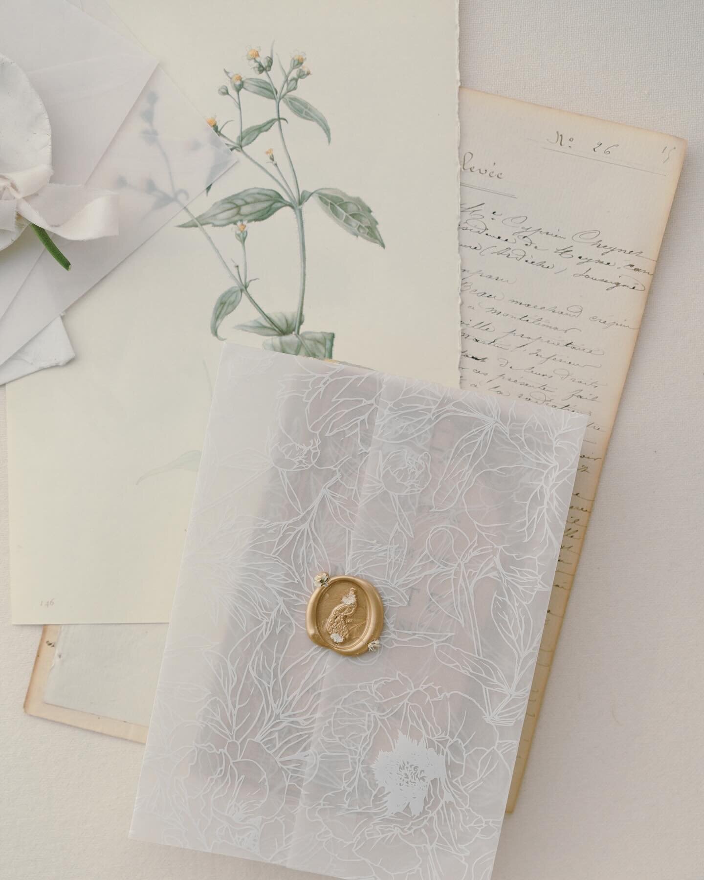 Vellum wraps like this keep your suites together. They can be secured with a ribbon, wax seal or a band. 

There are some in-house designs available but you can provide your own ready-to-print artwork* as well! I&rsquo;ve worked with couples who come