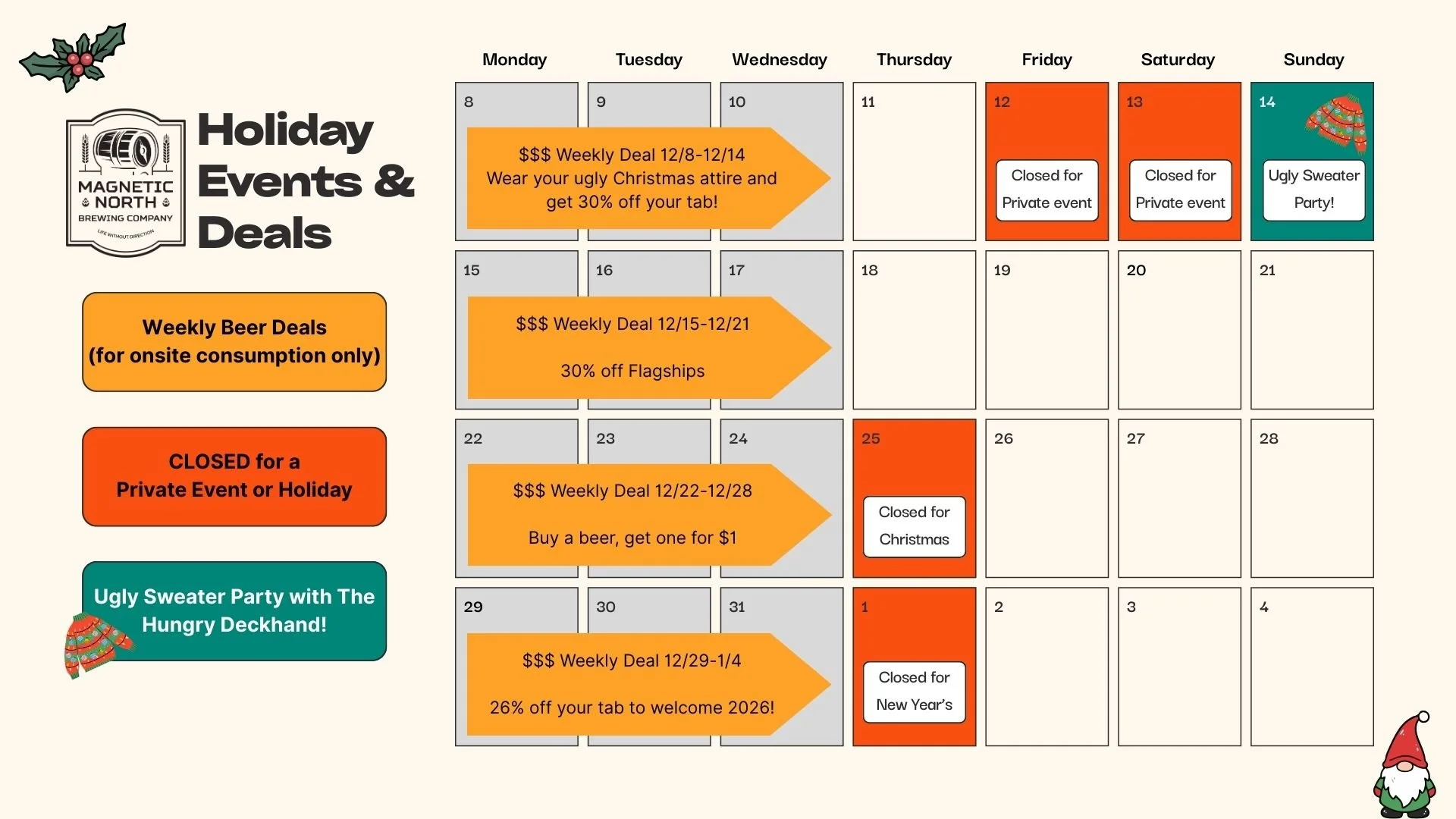 Whoops! We got so excited thinking about Sunday's Ugly Sweater party that we forgot to tell you we&rsquo;re ALSO closed on Saturday for a private event. 😬

Hours this week:
💯Open TODAY till 9:00
🚫 Closed Friday &ndash; private event
🚫Closed Satur