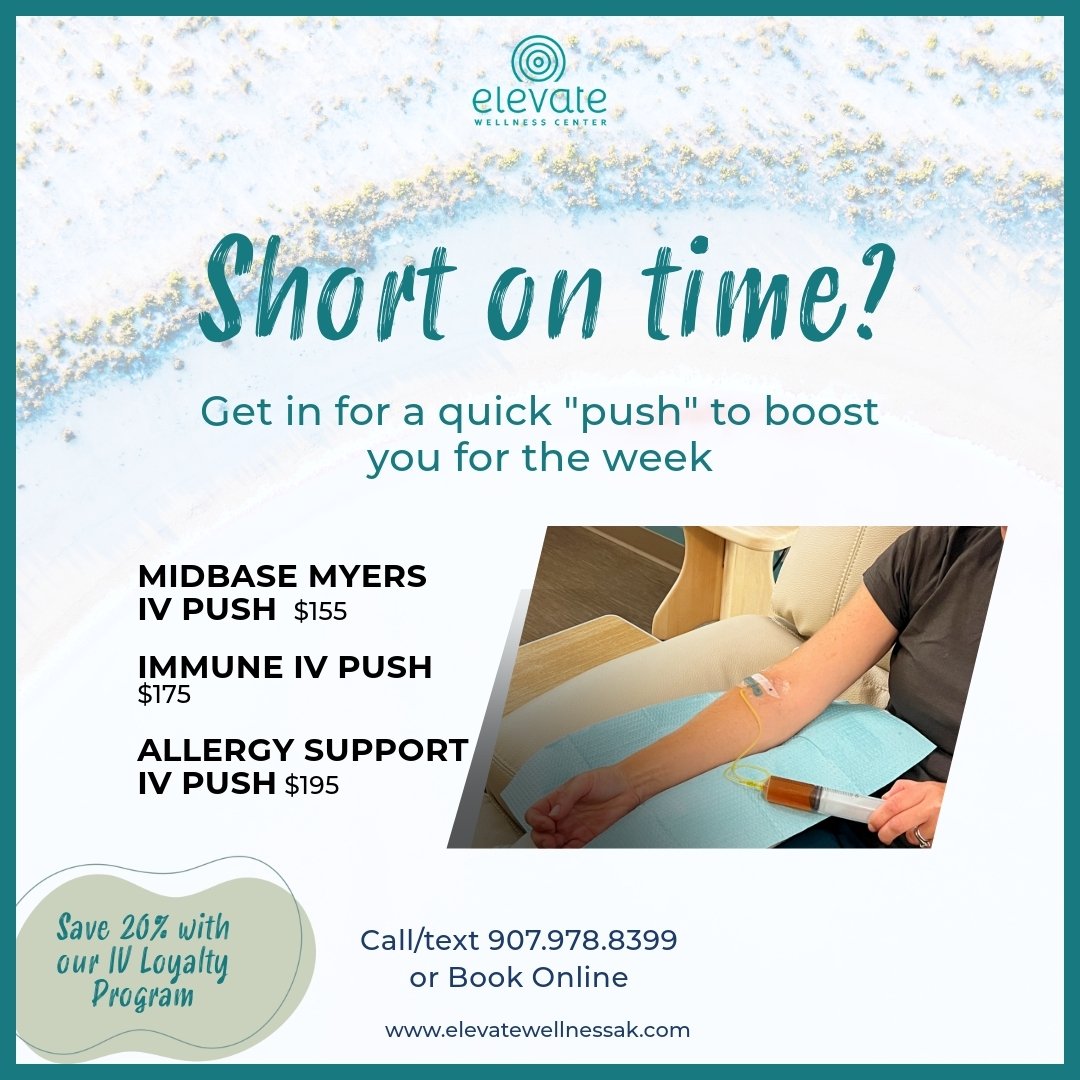 Spring fever is in the air and that means hectic schedules as you prep for a busy summer!
.
Are you short on time during the day for a full infusion yet you want to get an energy boost in?
We offer a &quot;push&quot; version which is a mini-option of