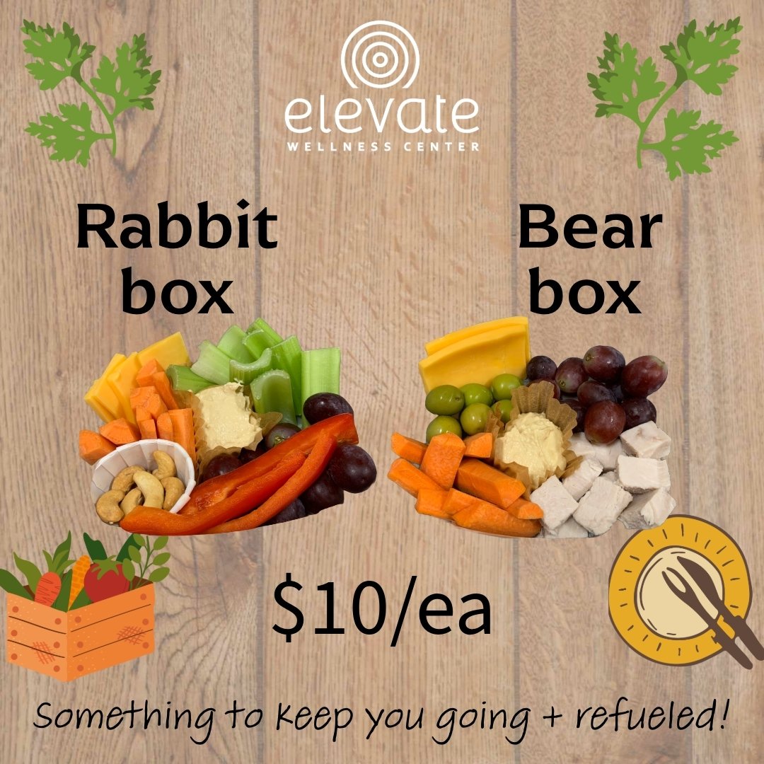 Snack boxes + fresh food is BACK at Elevate!
.
We are so excited to welcome back food to off our clients.  Madison has prepared quick, easy and healthy offerings this week!
.
If you're close by or feeling hungry before or after your sessions feel fre