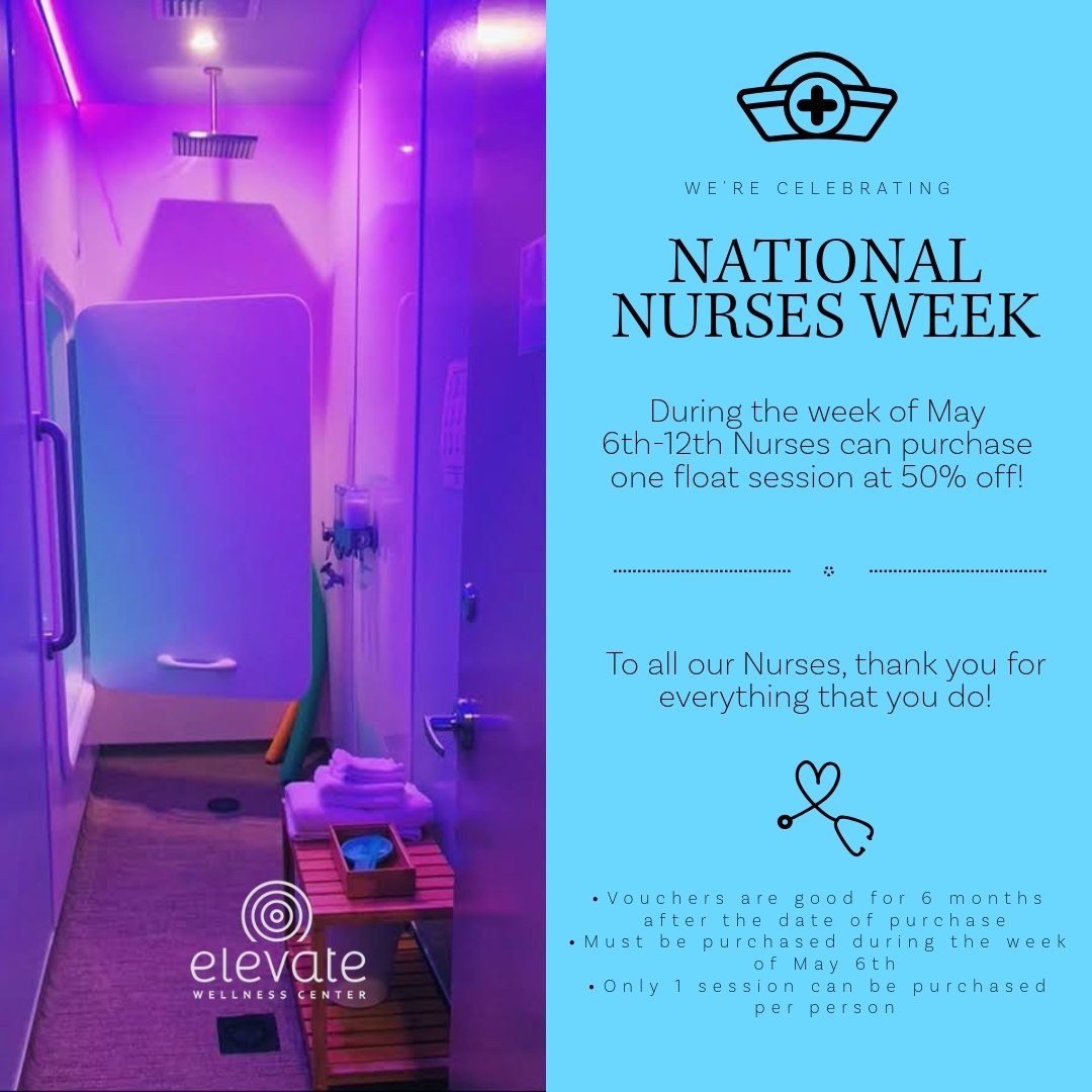 We're celebrating National Nurses Week with a special promo to say thank you! Between May 6th-12th Nurses can come in and purchase a float at 50% off 🌊.

*Vouchers are good for 6 months after the date of purchase.
*Vouchers must be purchased during 
