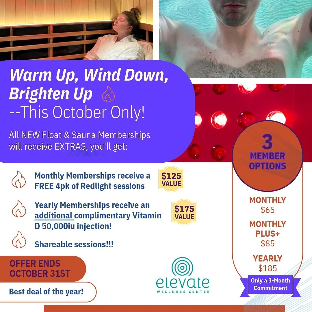 🍂Warm Up, Wind Down, Brighten Up&mdash;This October Only ✨

This October, choose from three levels of Float + Sauna Memberships and get a FREE pack of Redlight Therapy sessions with a NEW signup.

🧘&zwj;♂️ Float deeper.
🔥 Sweat healthier.
💡 Glow 