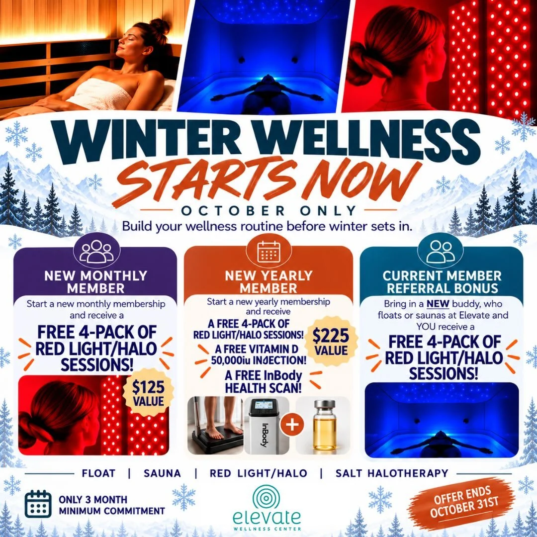 ❄️ Winter Wellness Starts NOW! ❄️

All October long, we&rsquo;re making it a little easier to build your wellness routine before winter sets in!

✨ NEW Monthly Members &mdash; Get a FREE 4-pack of Red Light/Halo sessions ($125 value)

✨ NEW Yearly Me
