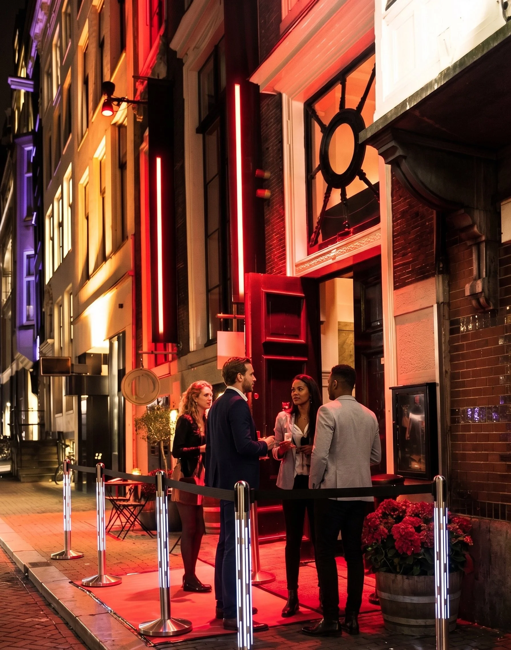 Nightclub entrance with Securit Nova illuminated barriers