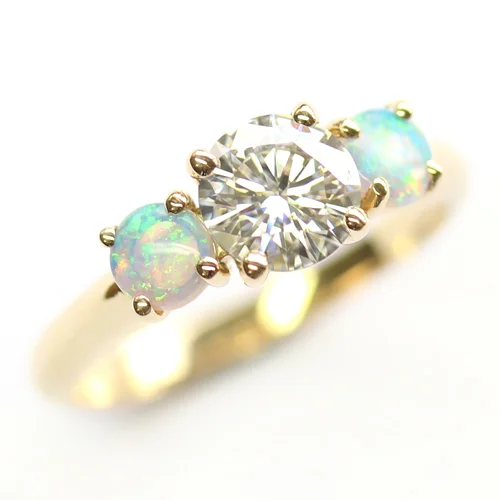 18ct Yellow Gold Moissanite and Opal Trilogy Engagement Ring.jpg