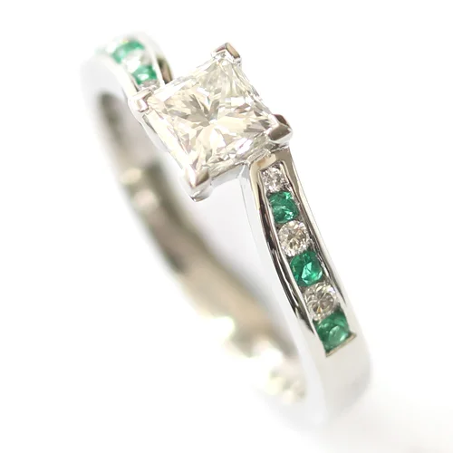 Platinum Princess Cut Diamond and Emerald Engagement Ring 1.jpg