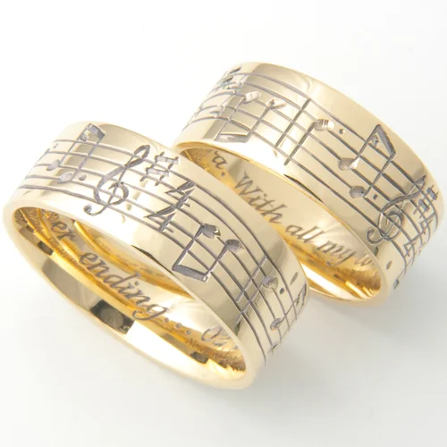18ct Yellow Gold Musical Notes Hand Engraved Wedding Rings — Form ...
