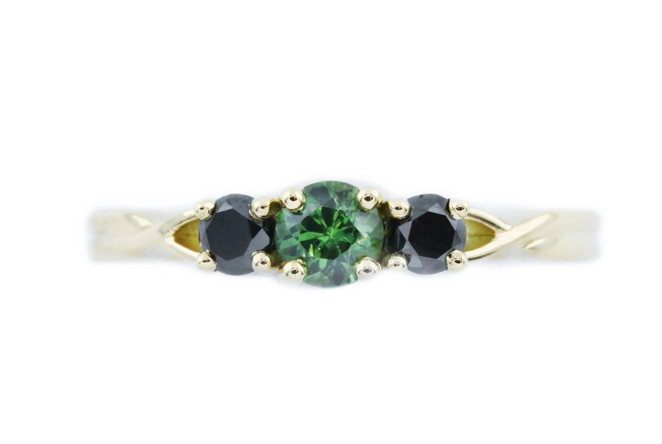 Green Sapphire and Black Diamond Twisted Fairtrade Yellow Gold Engagement Ring