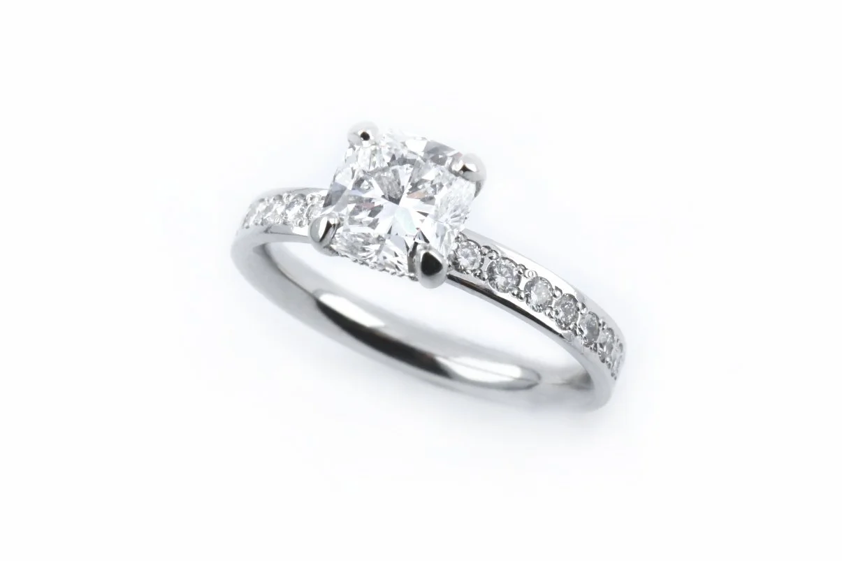 Platinum &amp; Cushion Cut Diamond Engagement Ring with Hidden Halo