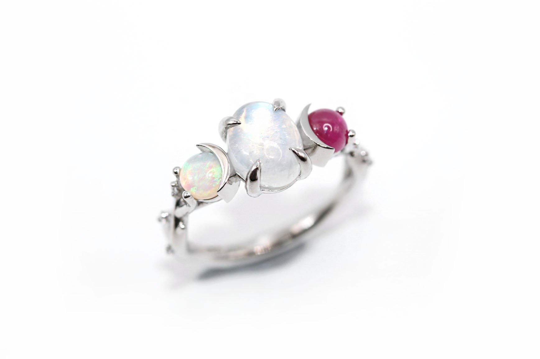 White Gold Moonstone Ruby and Opal Engagement Ring