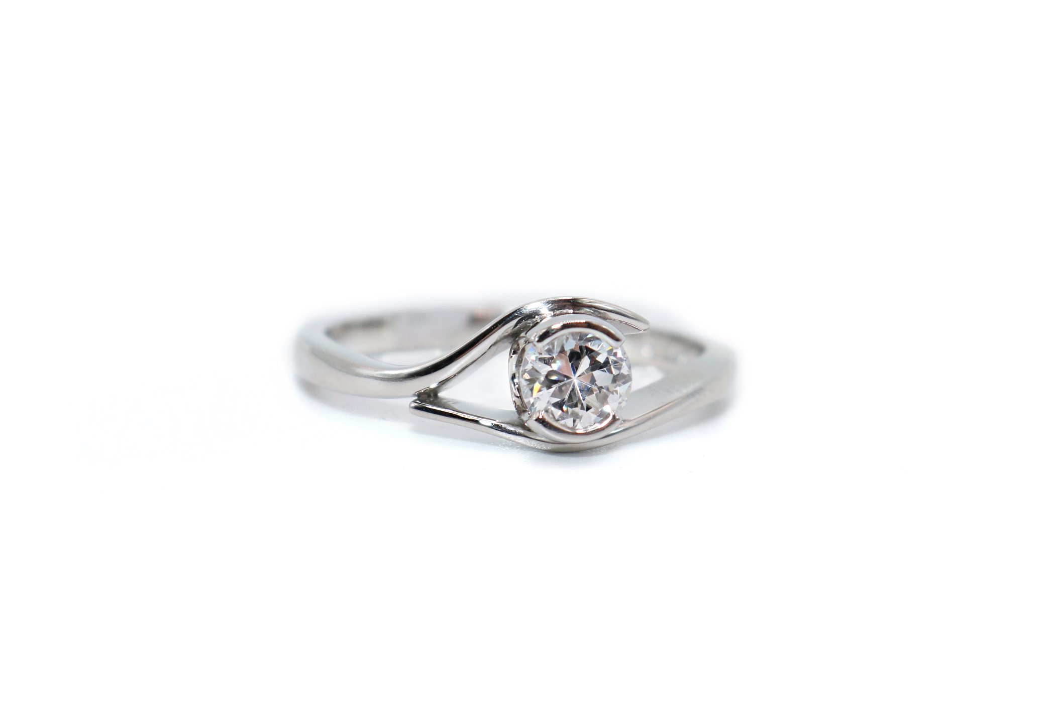 Platinum Round Brilliant Cut Diamond Asymmetrical Engagement Ring ...