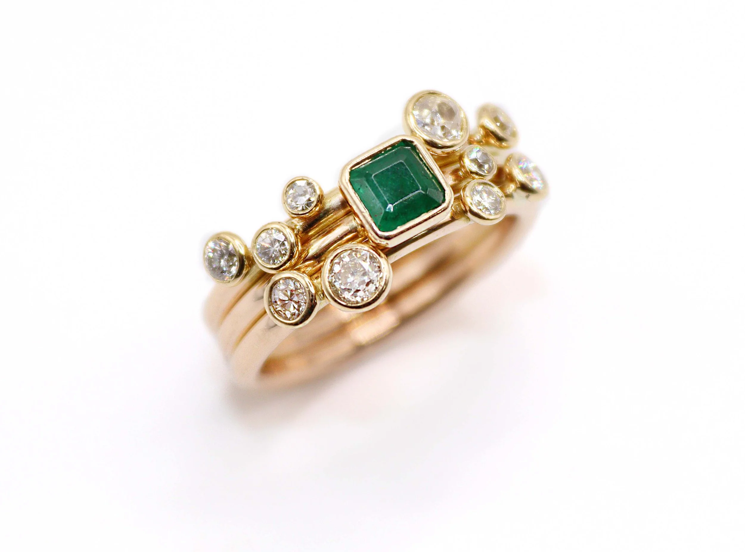 18ct Yellow Gold Art Deco Multiband Diamond and Emerald Dress Ring