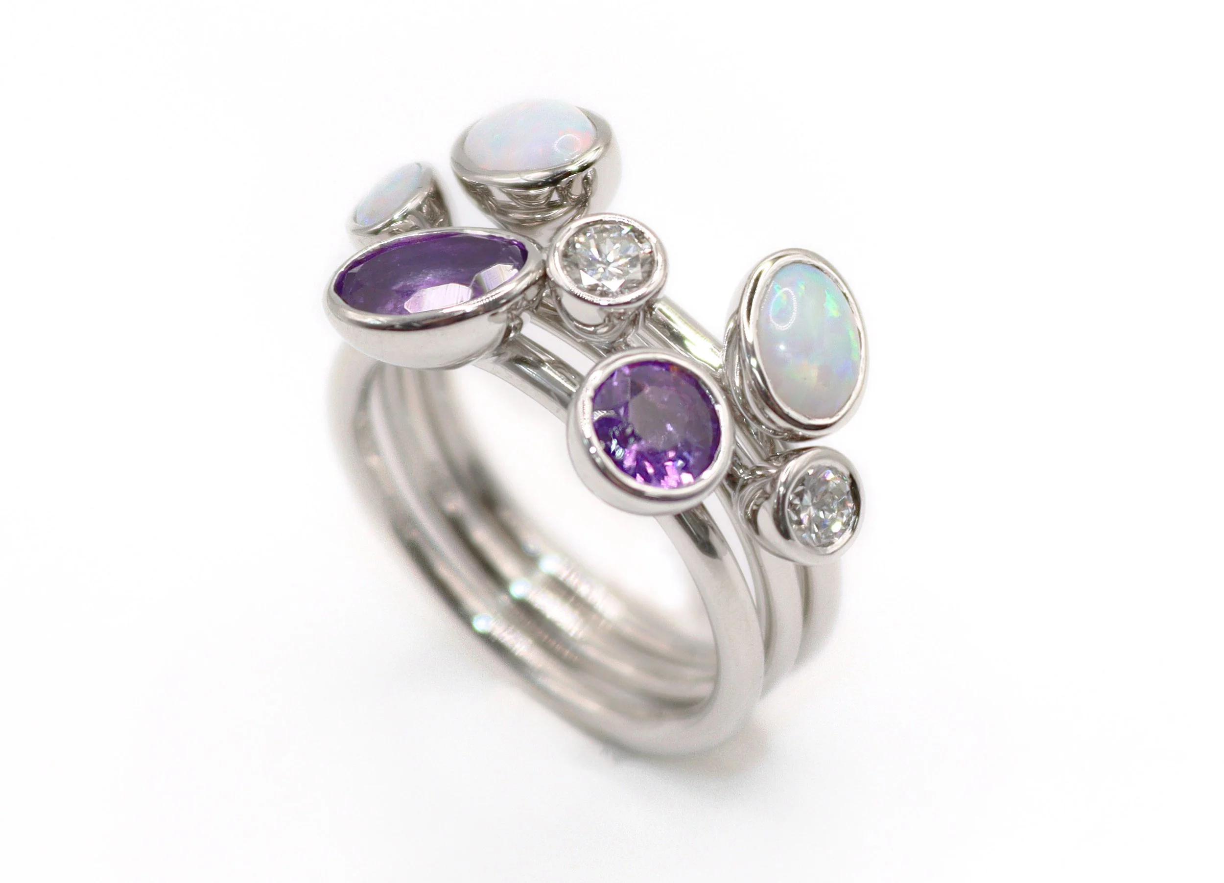 Platinum Amethyst Opal and Diamond Stacking Ring