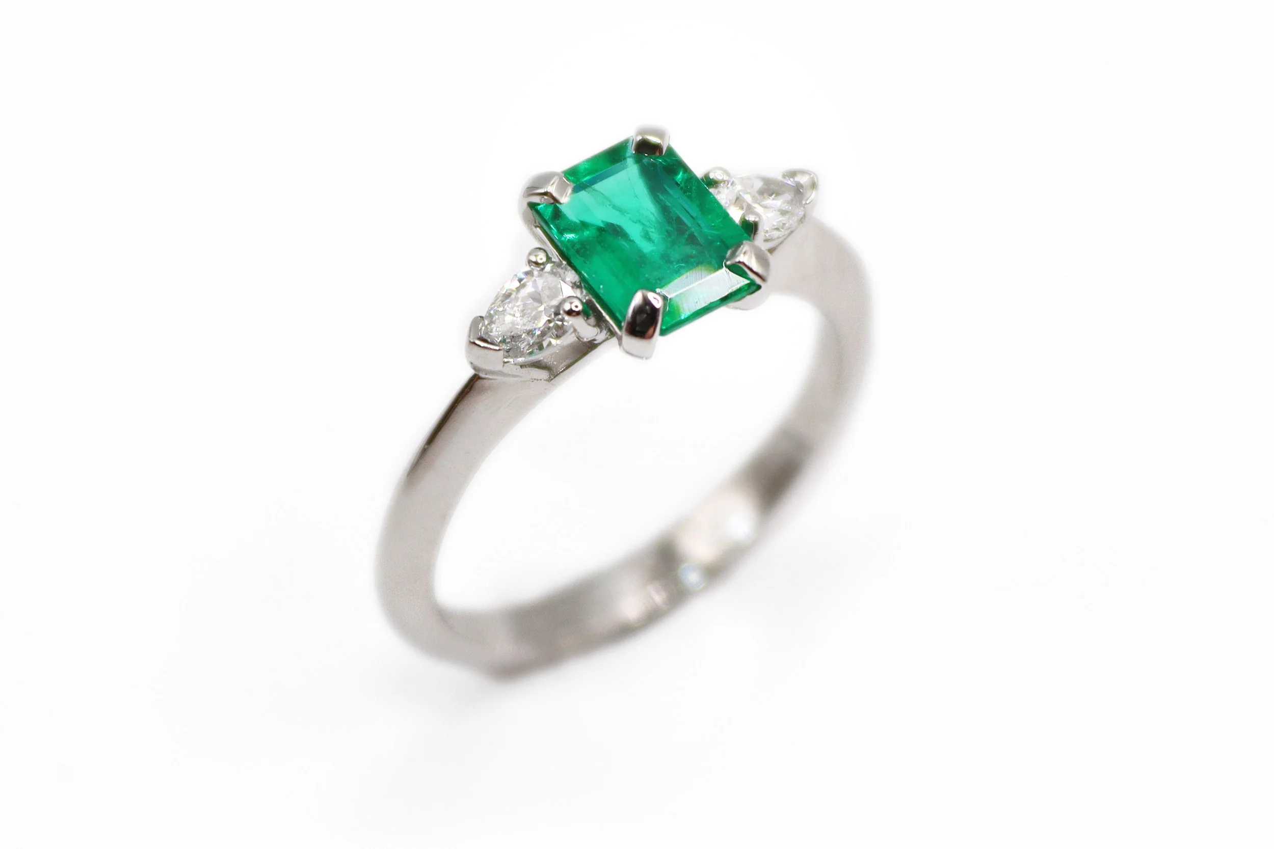 Platinum Emerald and Diamond Trilogy Engagement Ring