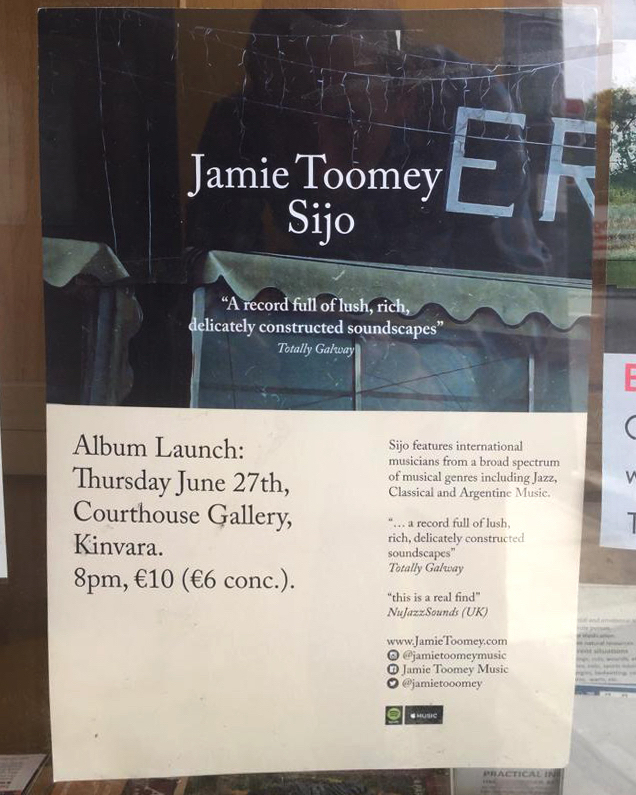 Some posters up and about for our performance in Kinvara this week. Drop by if you&rsquo;re about. .
.
#jazz #irishmusic #argentinetango #livemusicphoto #gypsyjazz #argentinemusic #ireland #newmusic #jamietoomey #galway #doublebass #violin #bandoneon