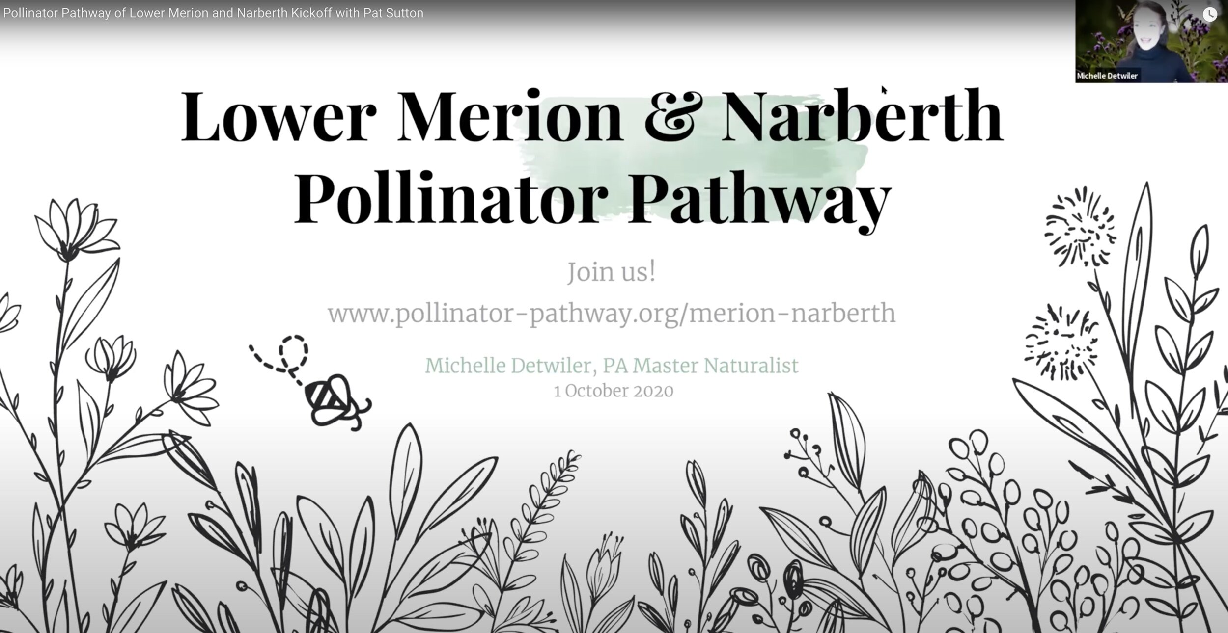 View my recent talk about the new Lower Merion and Narberth Pollinator Pathway here (1 October 2020).  The talk starts at minute 4:35.  Wildlife gardener and naturalist Pat Sutton follows.