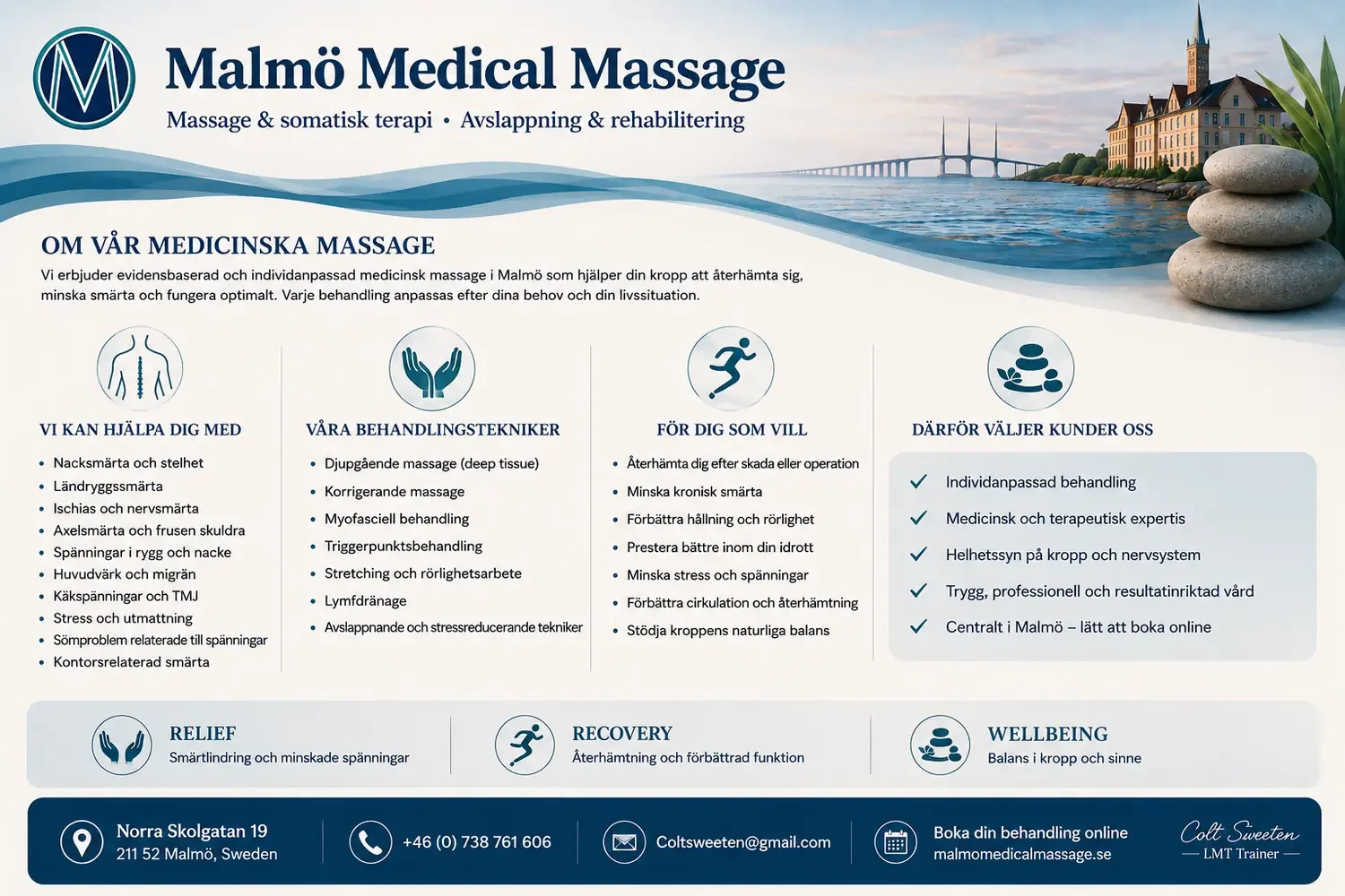 Översikt över medicinsk massage: muskelspänningar, rörlighet och individanpassad behandling hos Malmö Medical Massage.