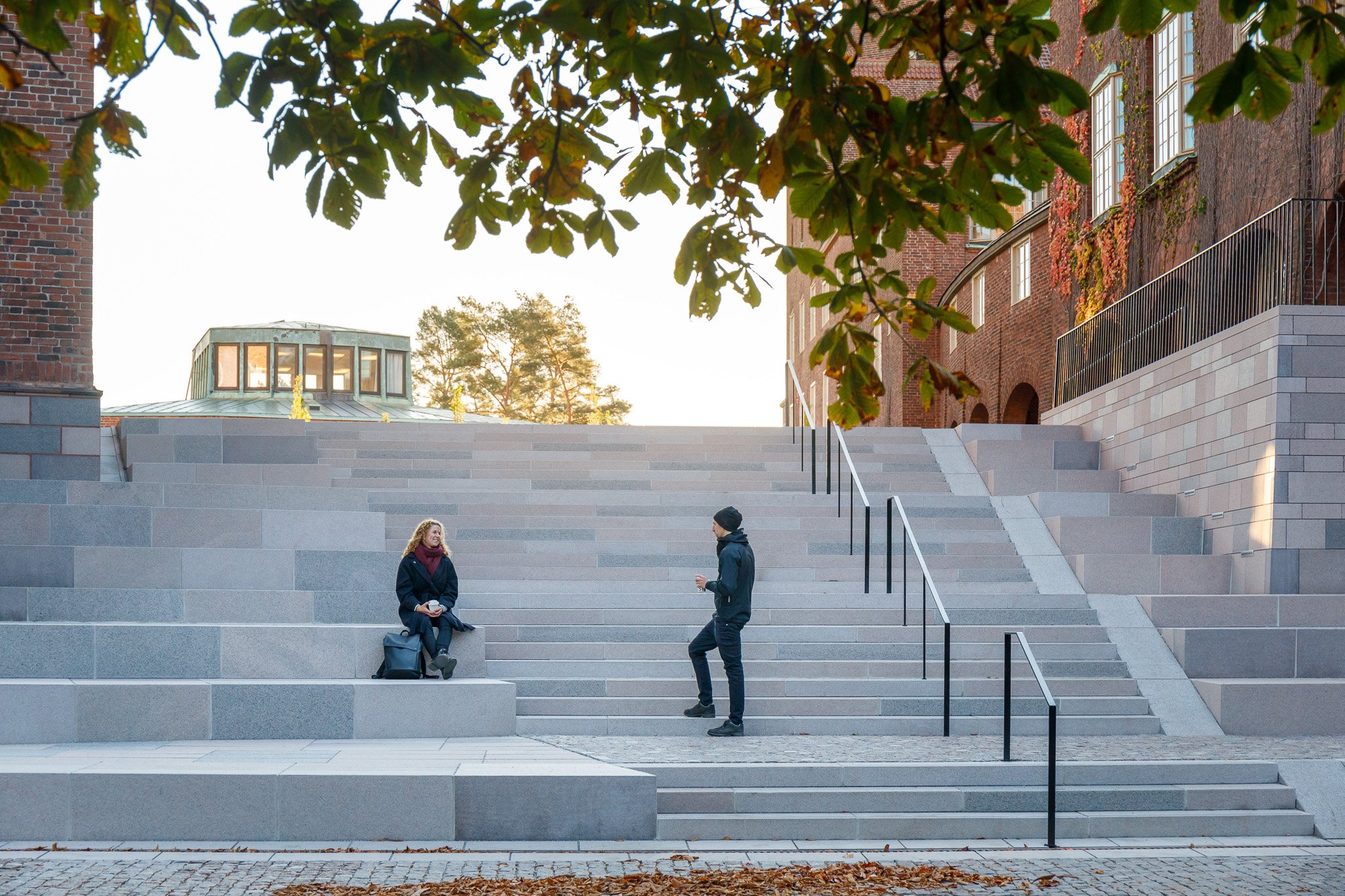 Mäktig vacker trappa vid KTH med studenter i bild med lövverk som ram