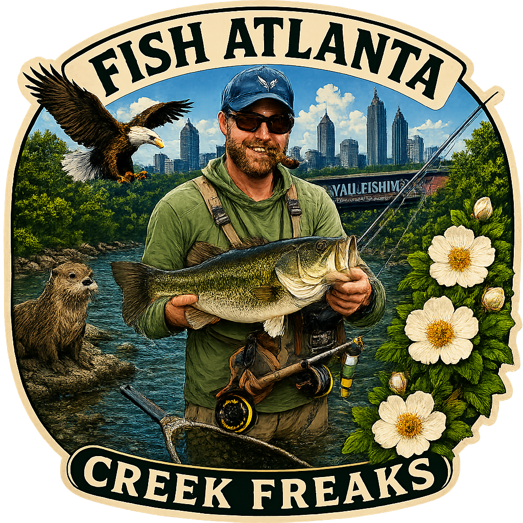 A man holding a large fish in a fishing competition, with city skyscrapers in the background, surrounded by nature and flowers, with the text "Fish Atlanta Creek Freaks" at the top.