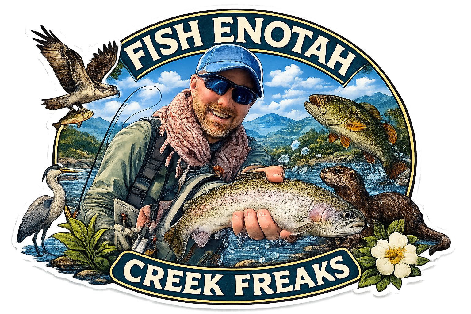 A man in sunglasses and a cap holding a large fish, surrounded by mountains and water, with a sign that reads "Fish Enotah Creek Freaks," featuring images of various fish, birds, and a beaver.