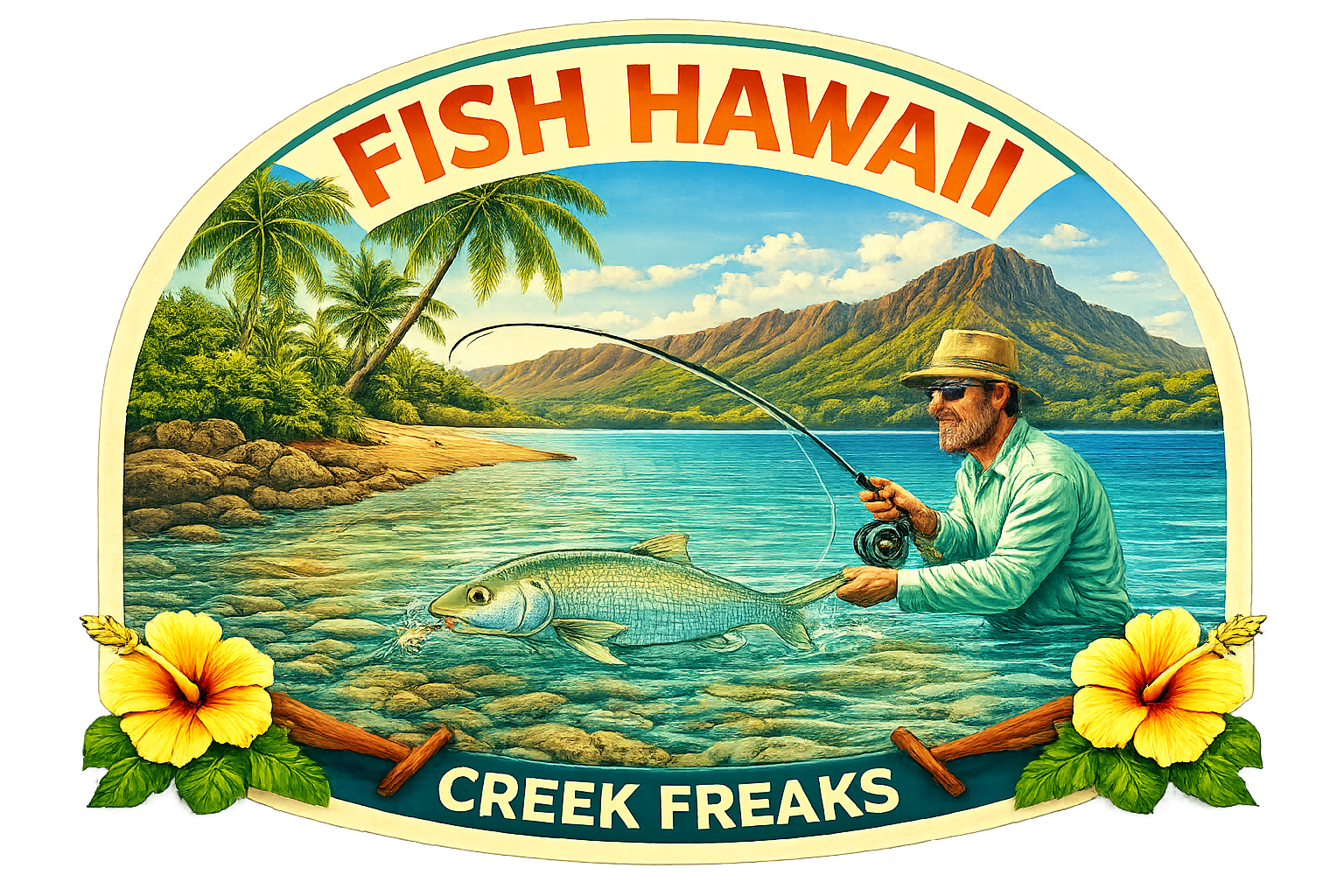 A vintage advertisement for Fish Hawaii Creek Freaks showing a man fishing in a tropical setting with palm trees, mountains, and clear water while holding a large fish. The scene is decorated with hibiscus flowers and includes text at the top and bottom of the image.