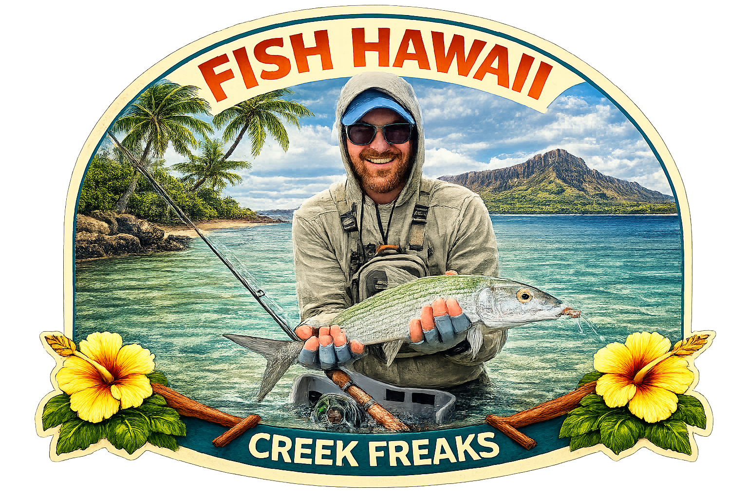 A man in a hoodie and sunglasses holding a large fish in front of a tropical background with palm trees and mountains, with a sign reading 'Fish Hawaii Creek Freaks' decorated with yellow hibiscus flowers.