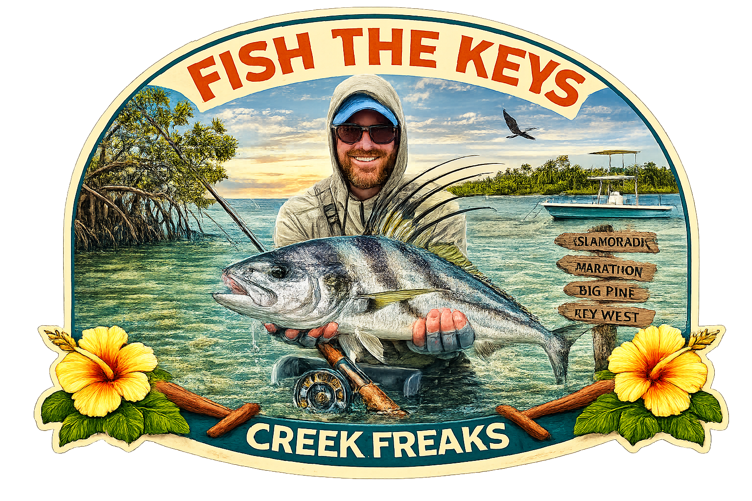 Colorful sign for Fish the Keys, Creek Freaks, featuring a smiling man holding a large fish with a fishing rod, water, trees, and a boat in the background, and decorative flowers and wooden signs with fishing locations.