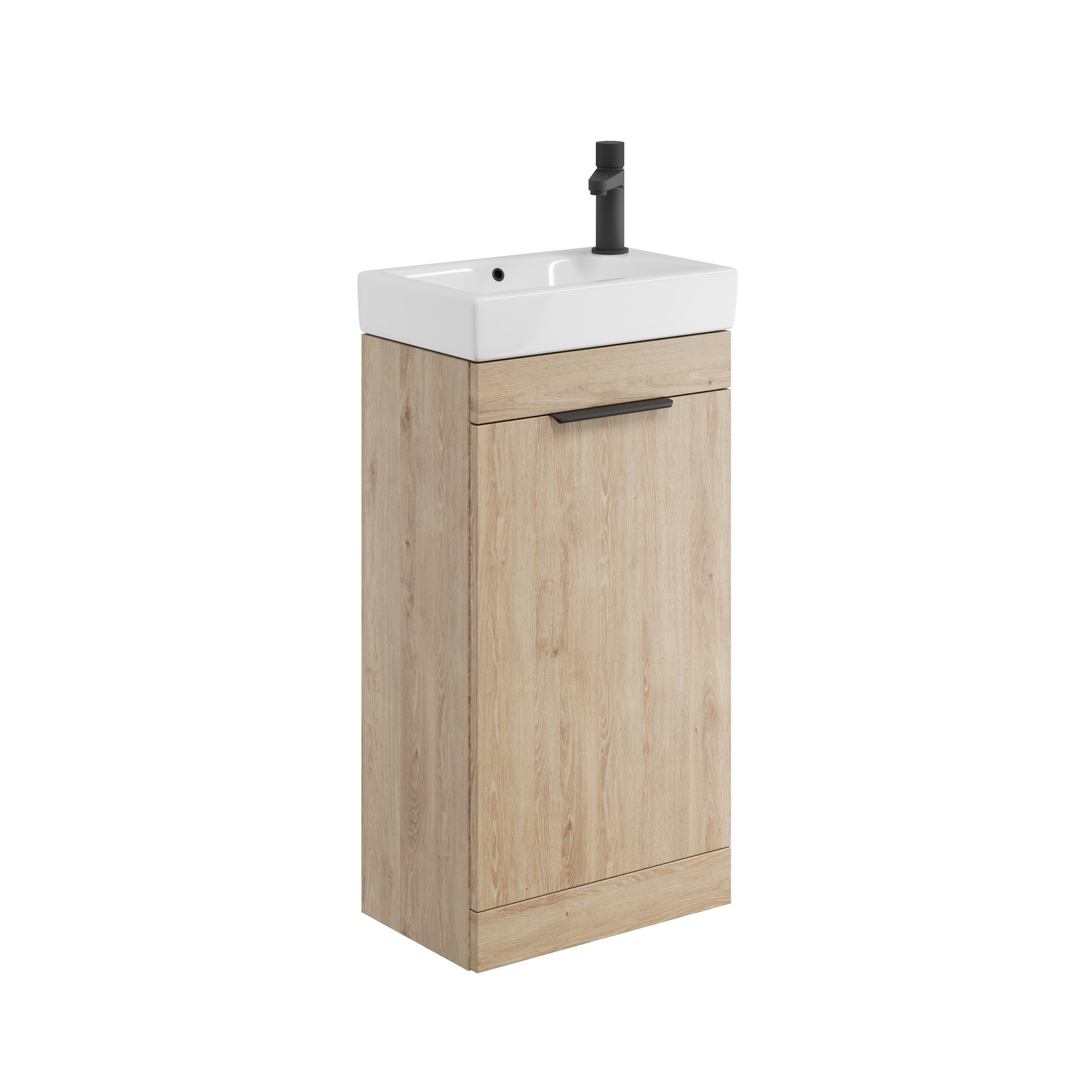 ESMEE 450mm Oak Cloakroom Floorstanding Unit, Basin & Brushed Brass Handle