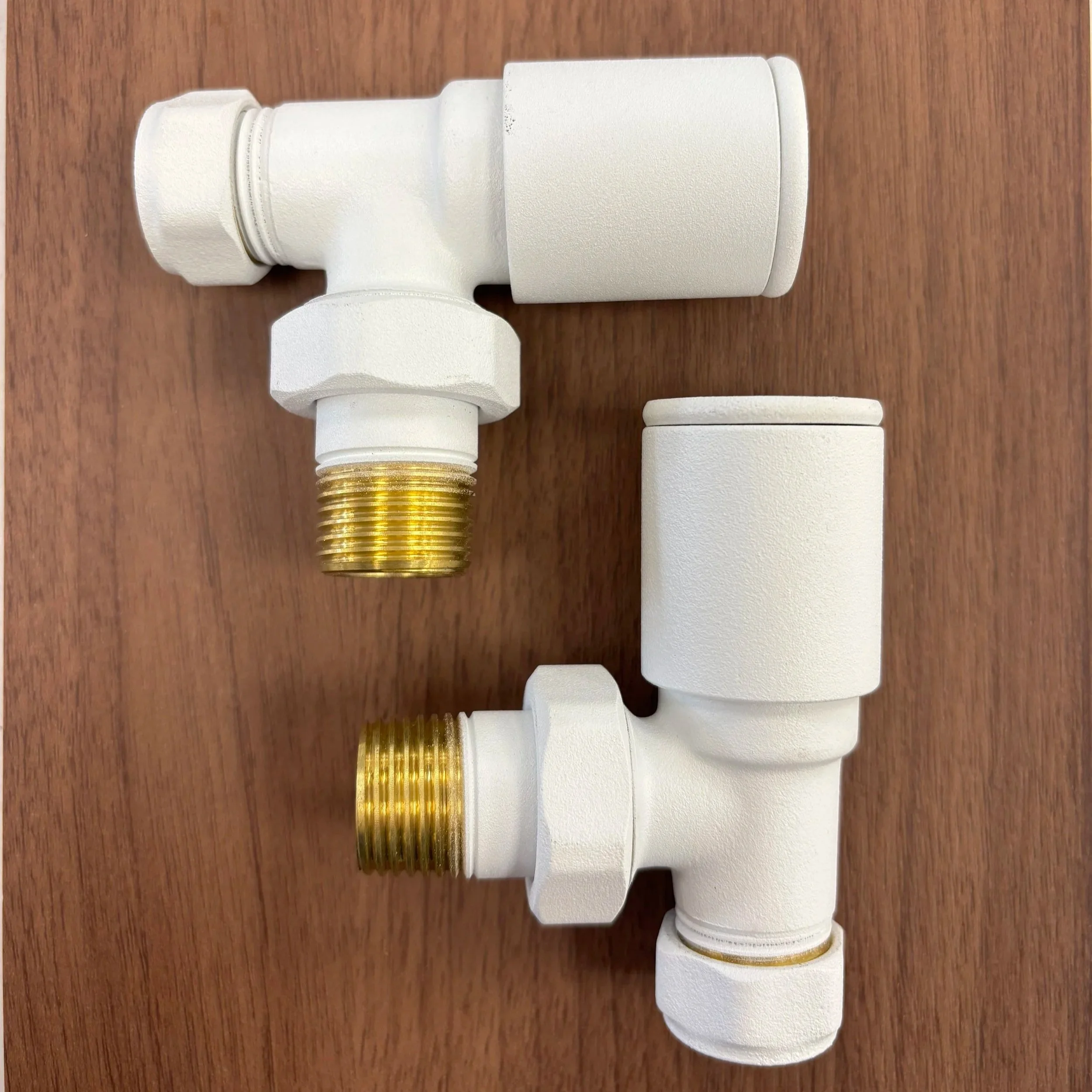 PAIR OF WHITE ROUND ANGLED RAD VALVES MODERN