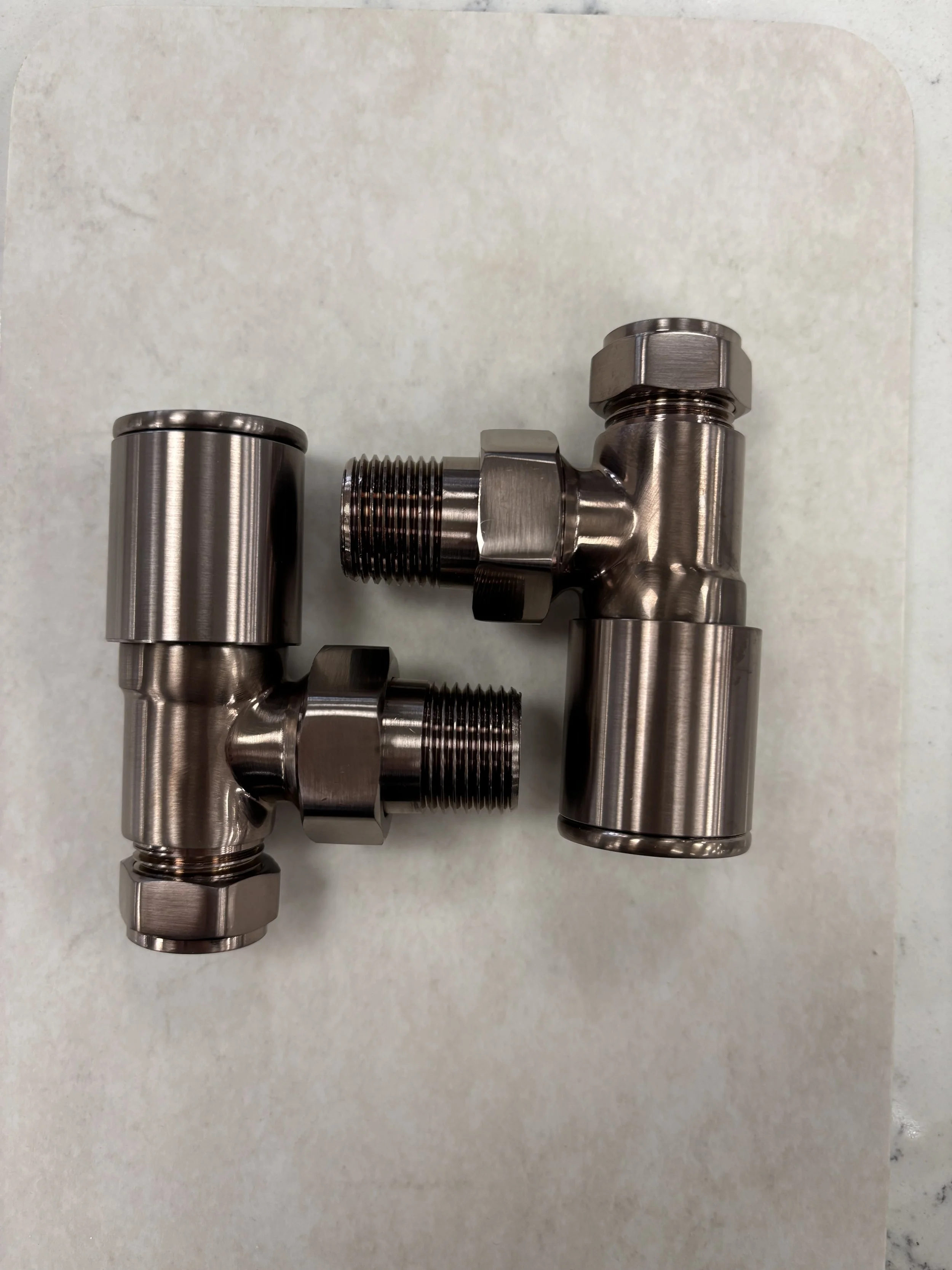 PAIR OF BRUSHED BRONZE ROUND ANGLED RAD VALVES MODERN