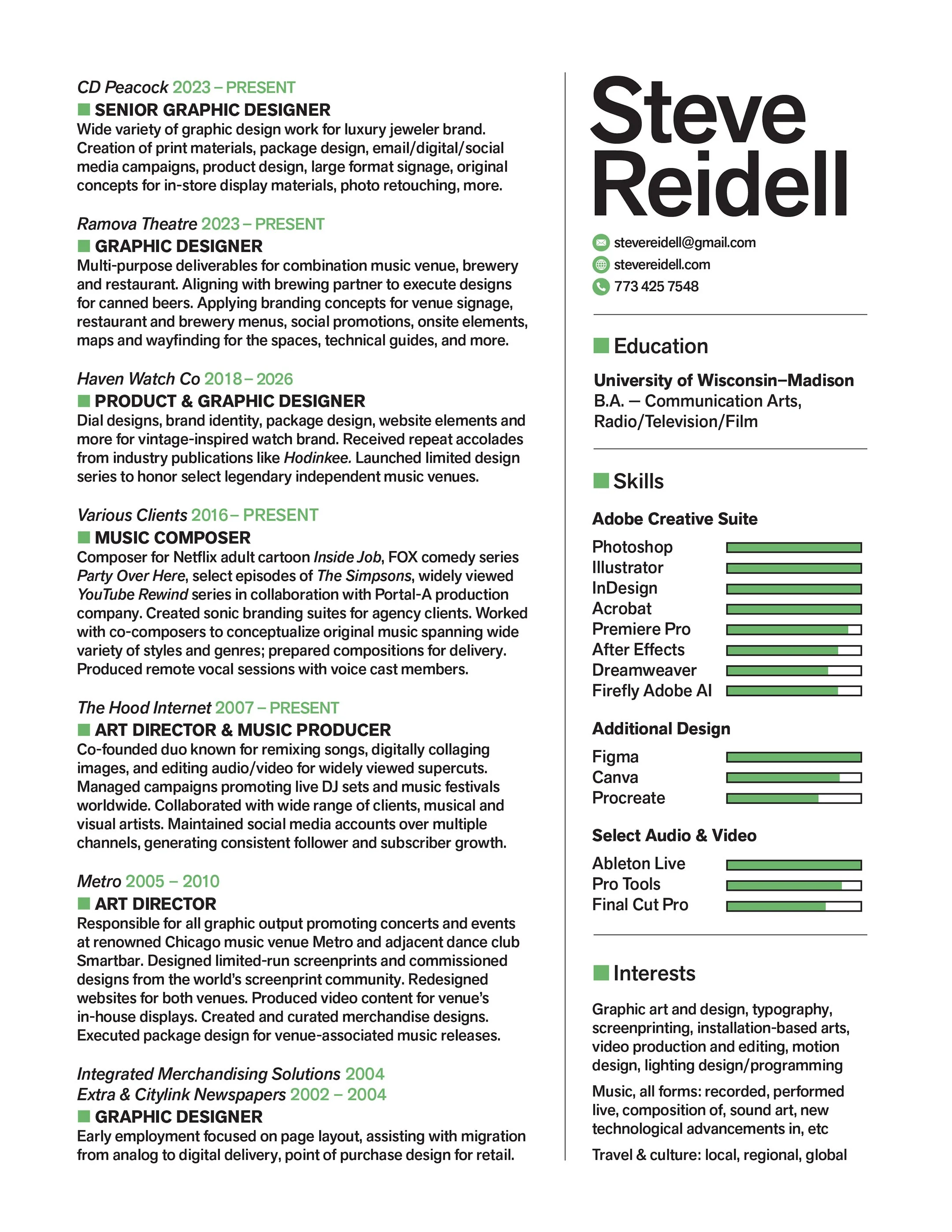 Resume for graphic designer, art director, and music composer Steve Reidell