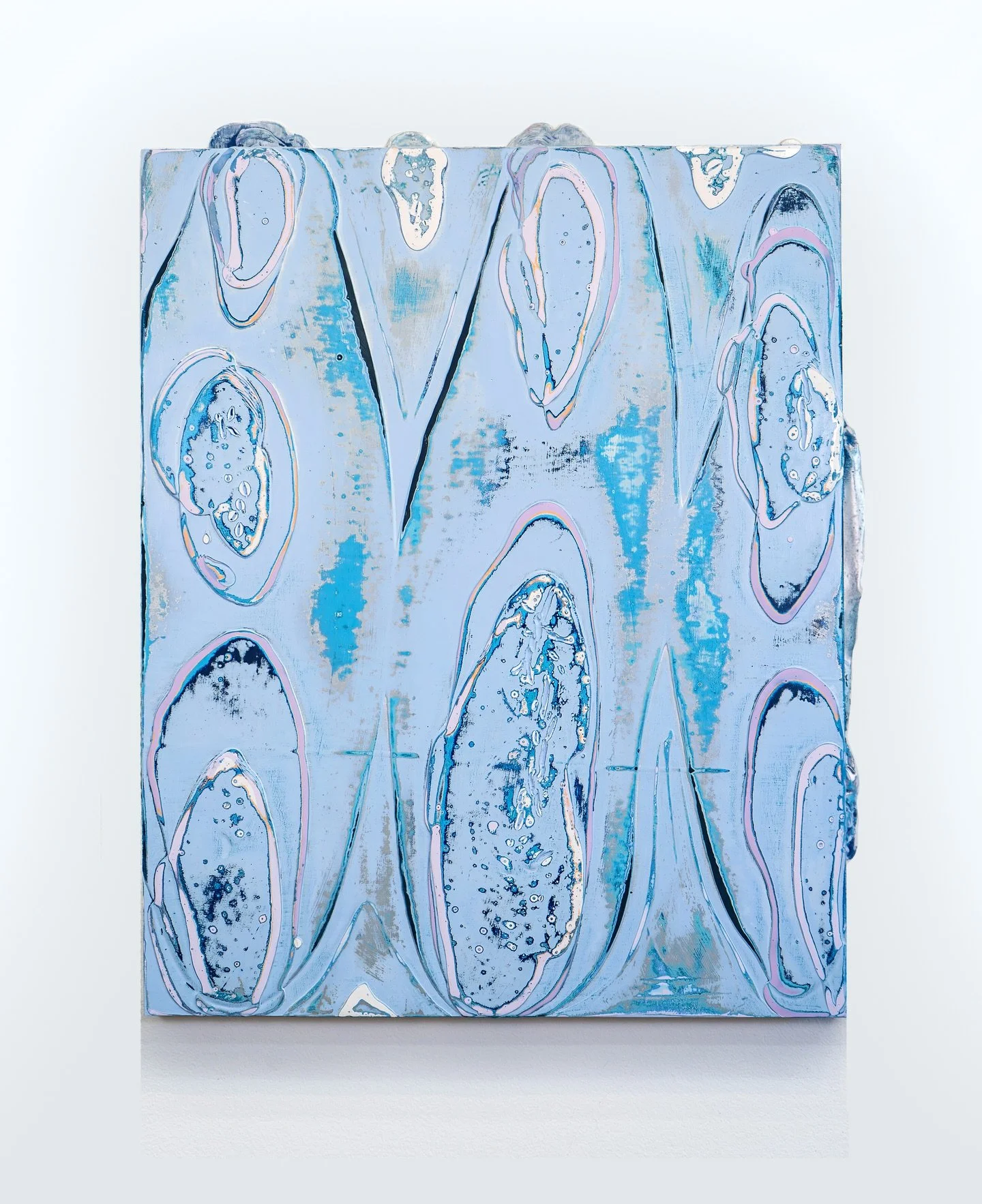 I go on meditative walks for inspiration. The repeating patterns in nature download into my subconscious - waves, pulses, everything in vibration. This new series explores these unseen frequencies through the lens color and rhythmic forms. &ldquo;Rhy