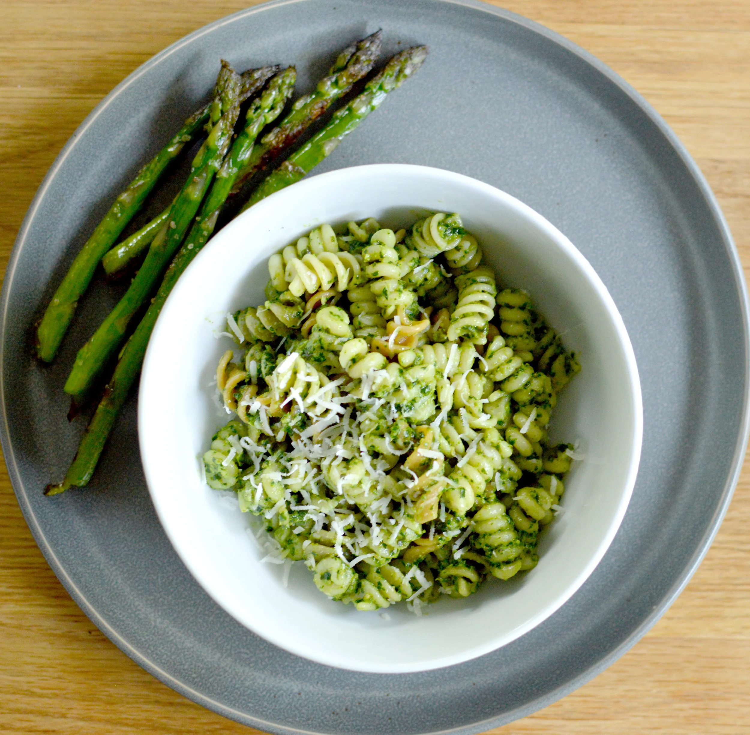 Kale and Basil Pesto pasta with pan fried asparagus
