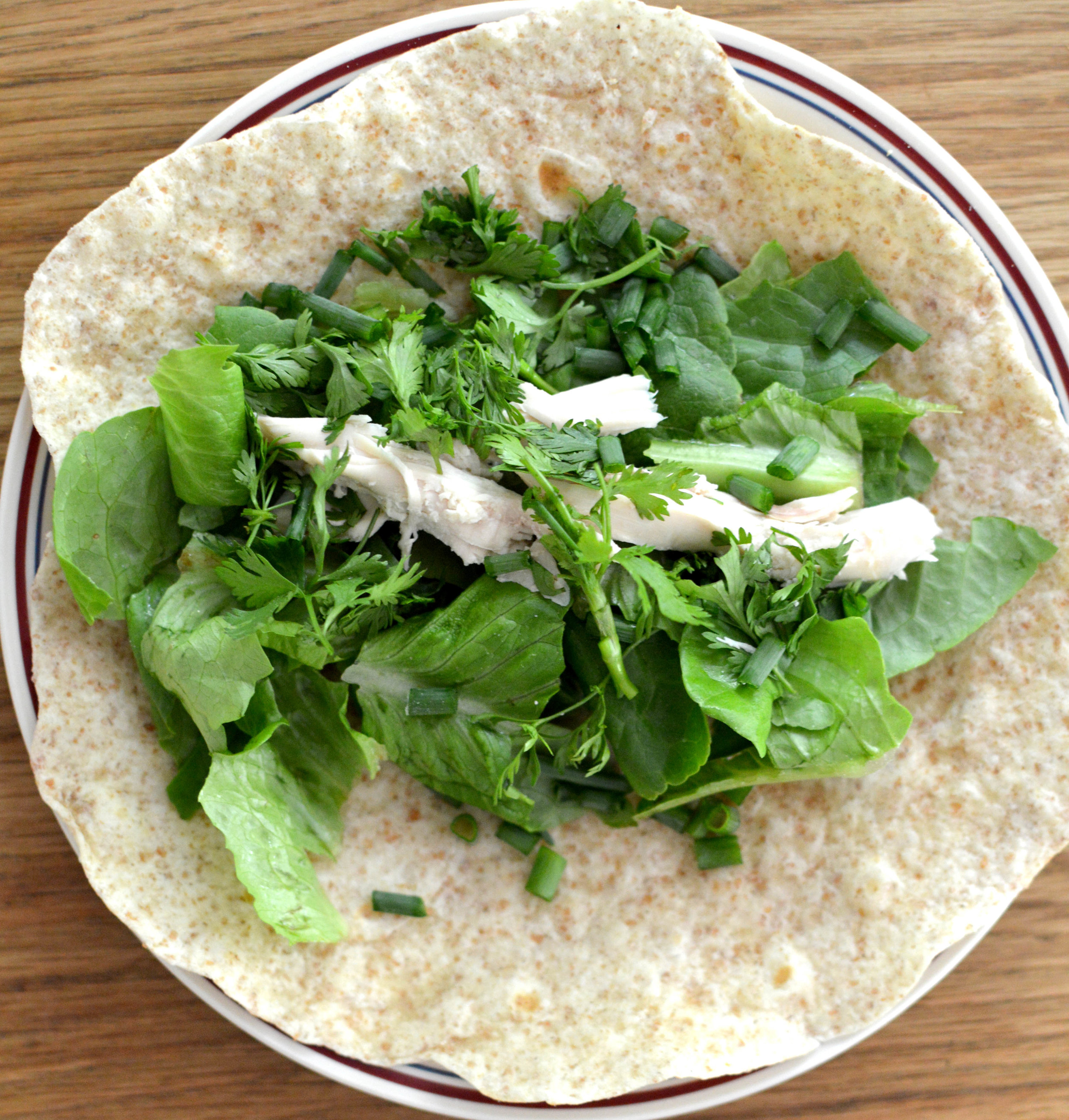  Homemade Spelt Flour Tortillas with lettuce, cilantro, green onions, chicken, and homemade dressing. We roll them up and eat them like a wrap. 