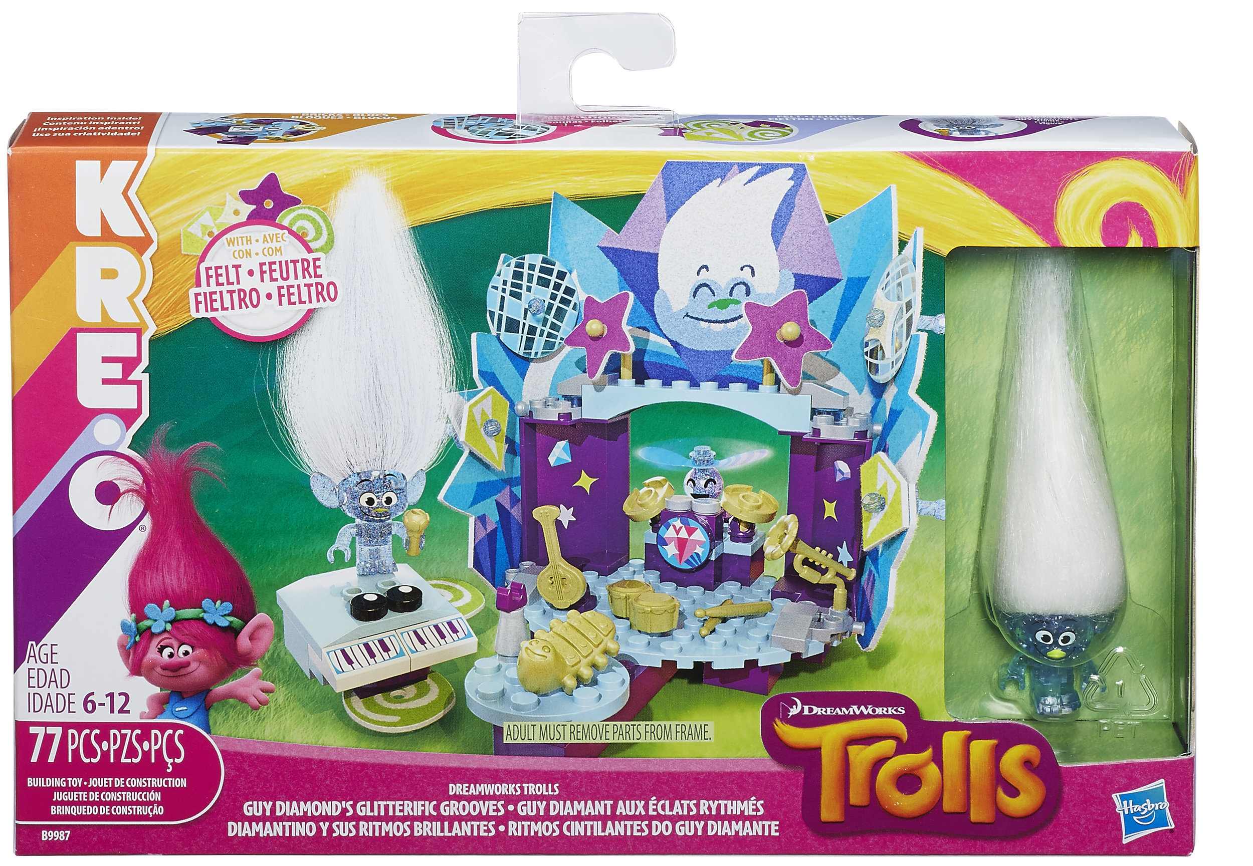 The soft materials were a perfect fit with the Trolls IP. The sheets of felt allowed us to build bigger models, full of colorful graphics, and it gave a look all its own.
