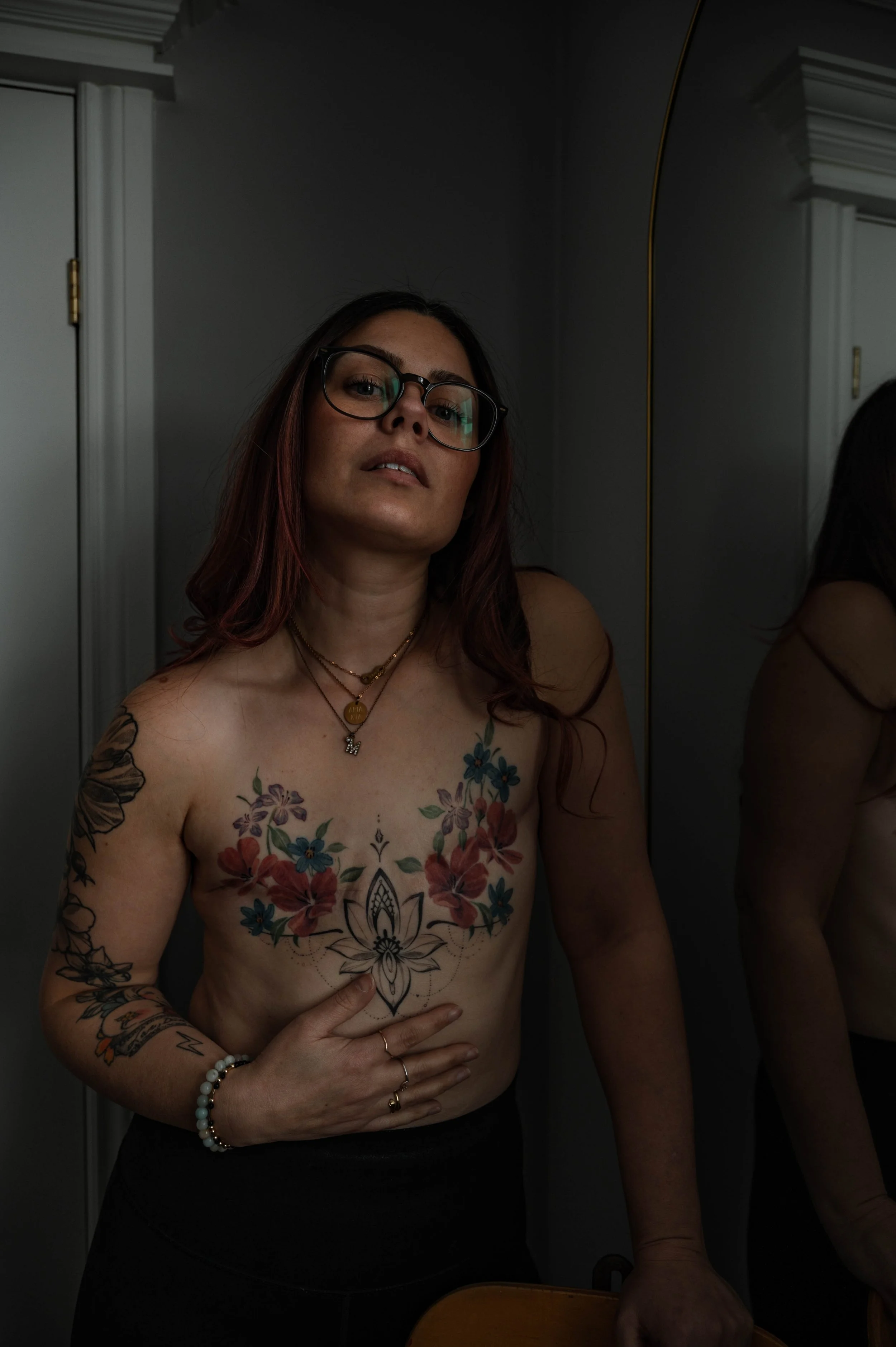 Newmarket family and wedding photographer Mia Purdy in a self portrait, showing her aesthetic flat closure scars from her bilateral mastectomy due to breast cancer at 36-years-old.