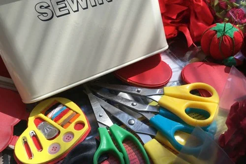 Saturday Afternoon Sewing Bee Craft Basket – Decorate silk French knickers – one pair per guest to take home – with all the trims, bows, ribbons, feathers & lace you need to create your own frou-frou pants!