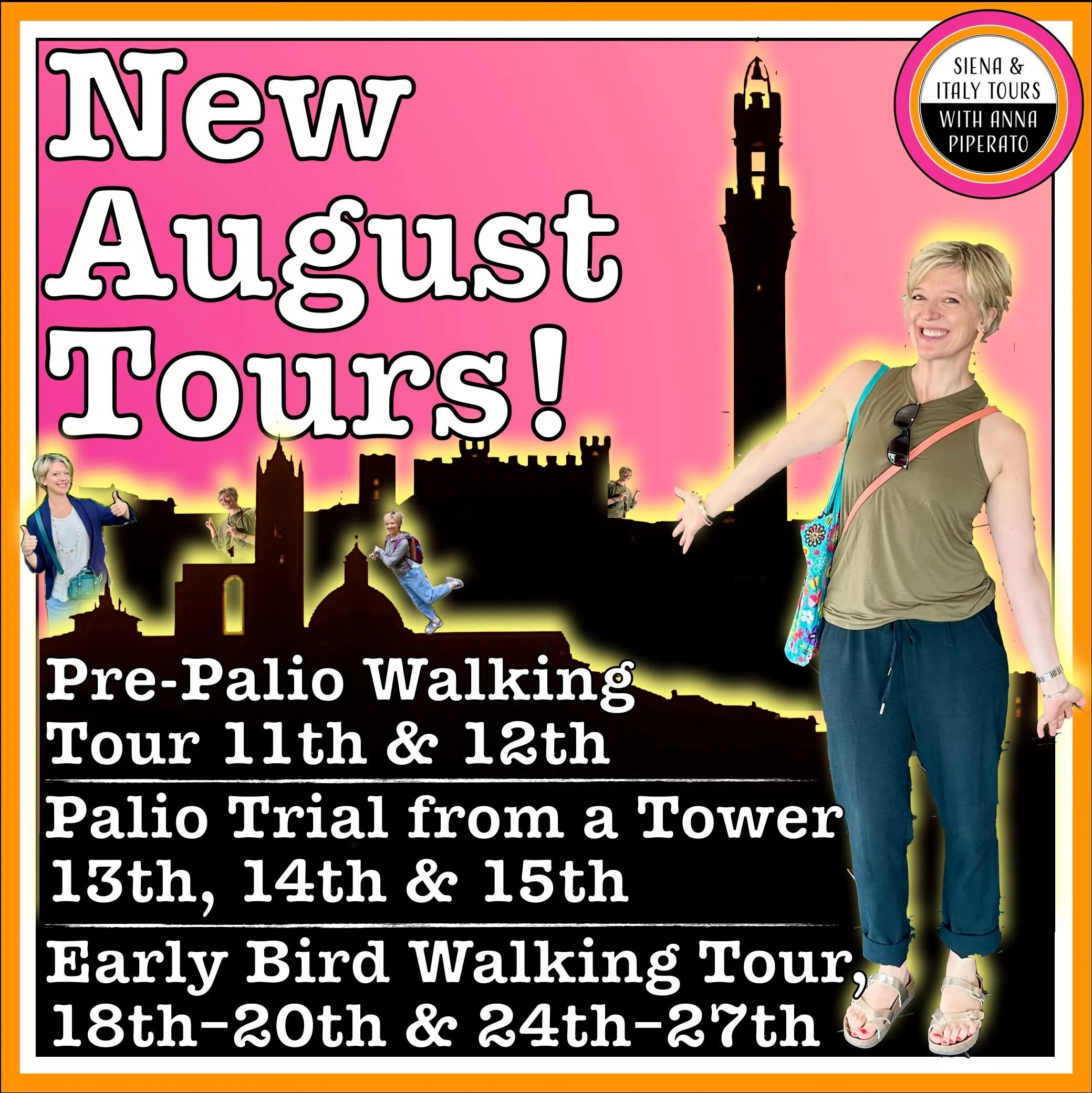 🎉 NEW: JOINABLE TOURS in AUGUST! 🎉
☀️ It&rsquo;s always good to try something new, so here we go! Join me and your fellow travellers in Siena for a Palio-themed walking tour on the 11th &amp; 12th 🐎, watch a trial race from a medieval tower the 13