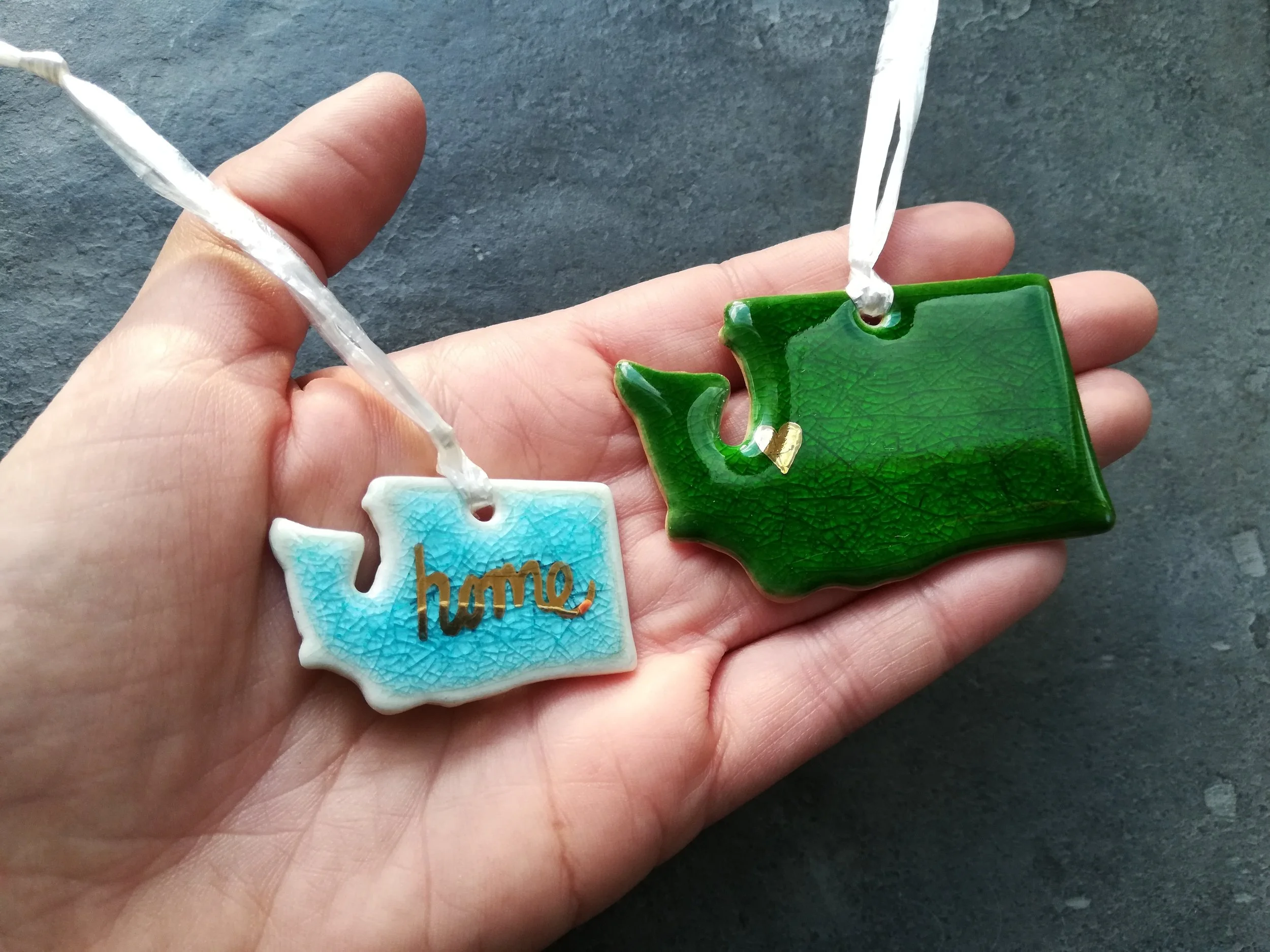 Heidi Kunkel porcelain WA state ornament with heart Seattle handmade pottery Heidi's Pottery